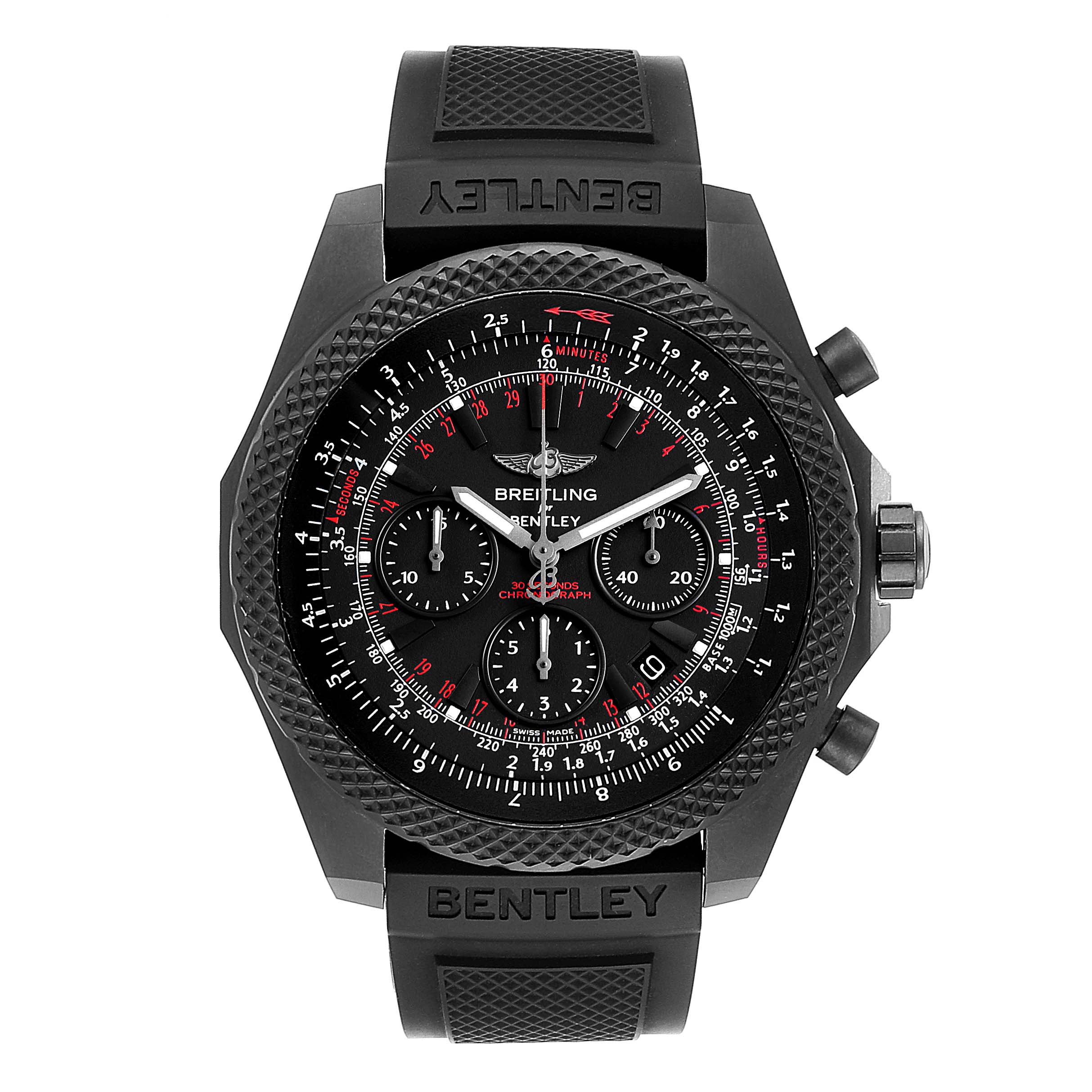 The image shows a frontal view of a Breitling Bentley V25367 Men's Titanium Black Dial V25367 Men's Titanium Black Dial model watch with a black textured strap and intricate dial.