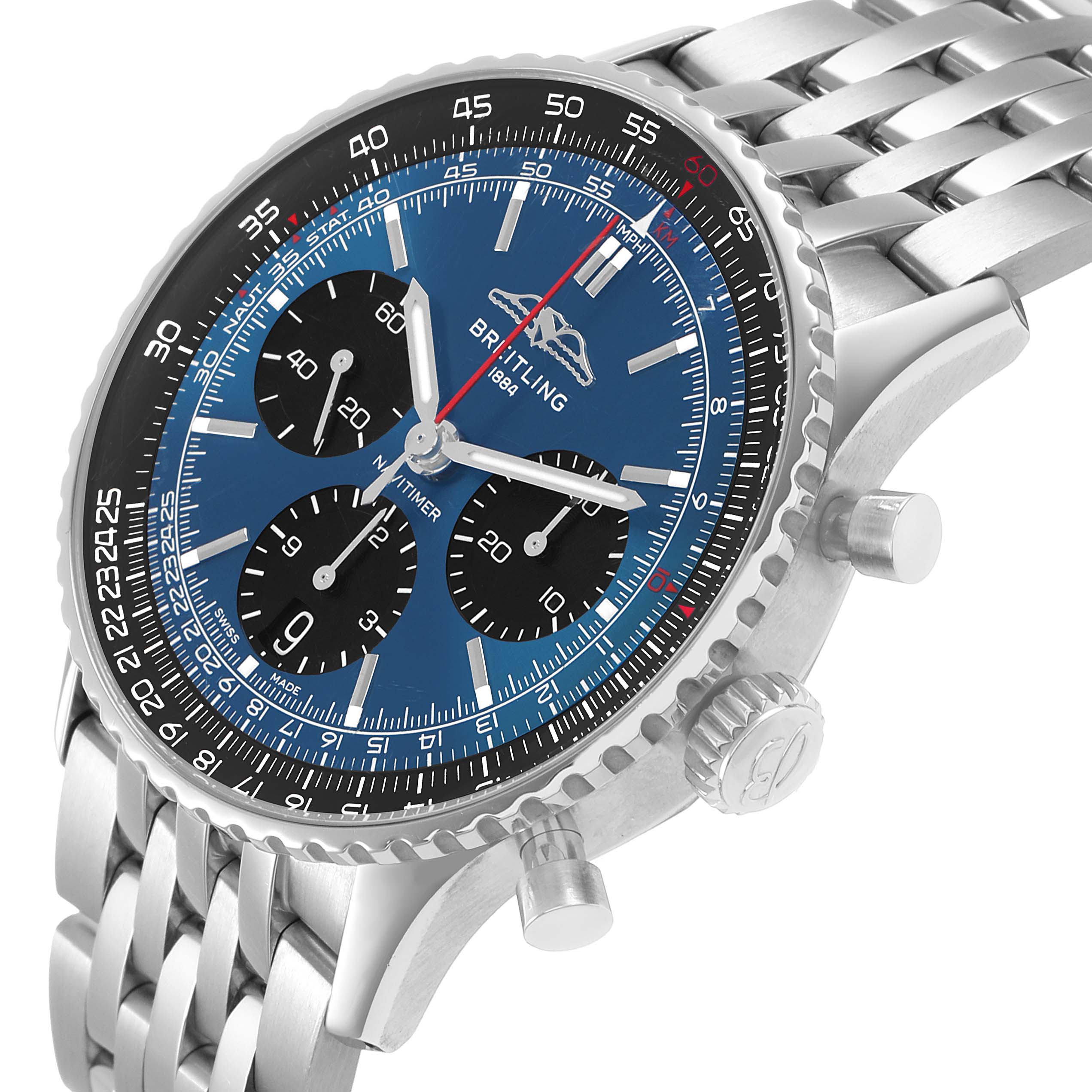 The Breitling Navitimer AB0139241C1A1 Men's Stainless Steel Blue Dial watch is shown from a front-side angle, highlighting the blue dial, chronograph subdials, case, and bracelet.