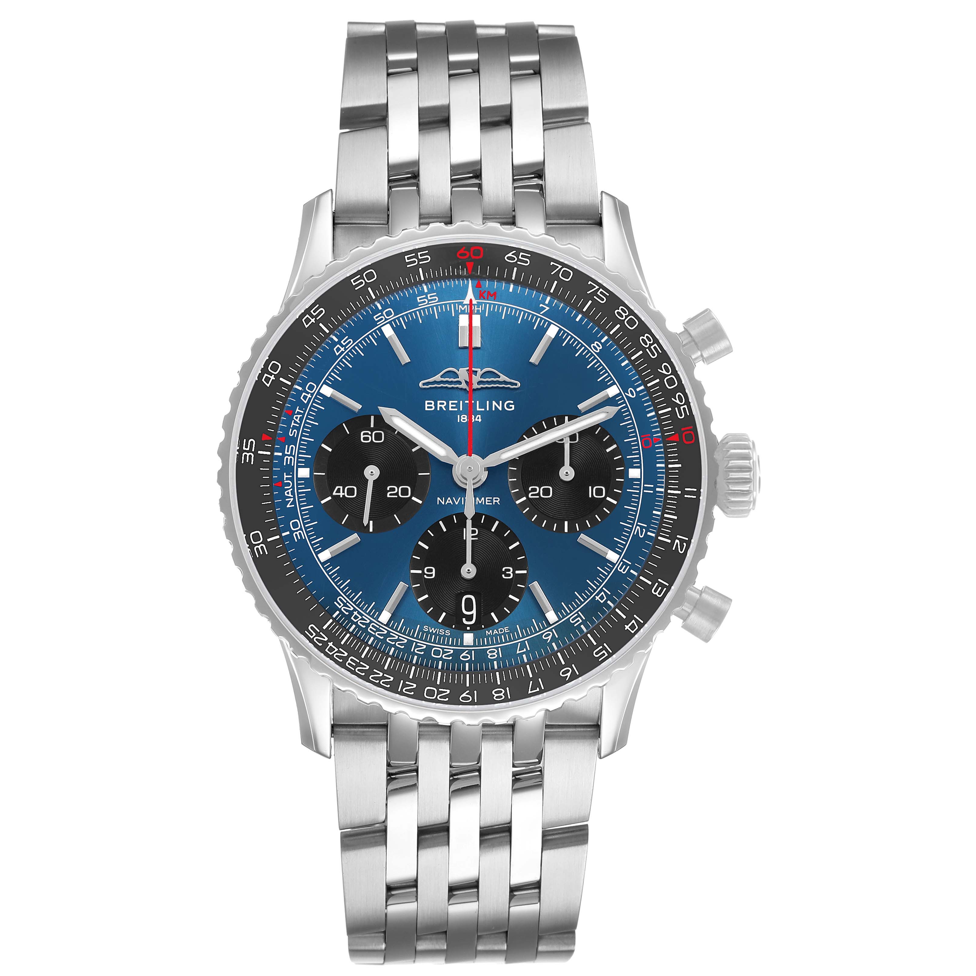 The Breitling Navitimer AB0139241C1A1 Men's Stainless Steel Blue Dial watch is shown from a front angle, highlighting the dial, bezel, and bracelet.