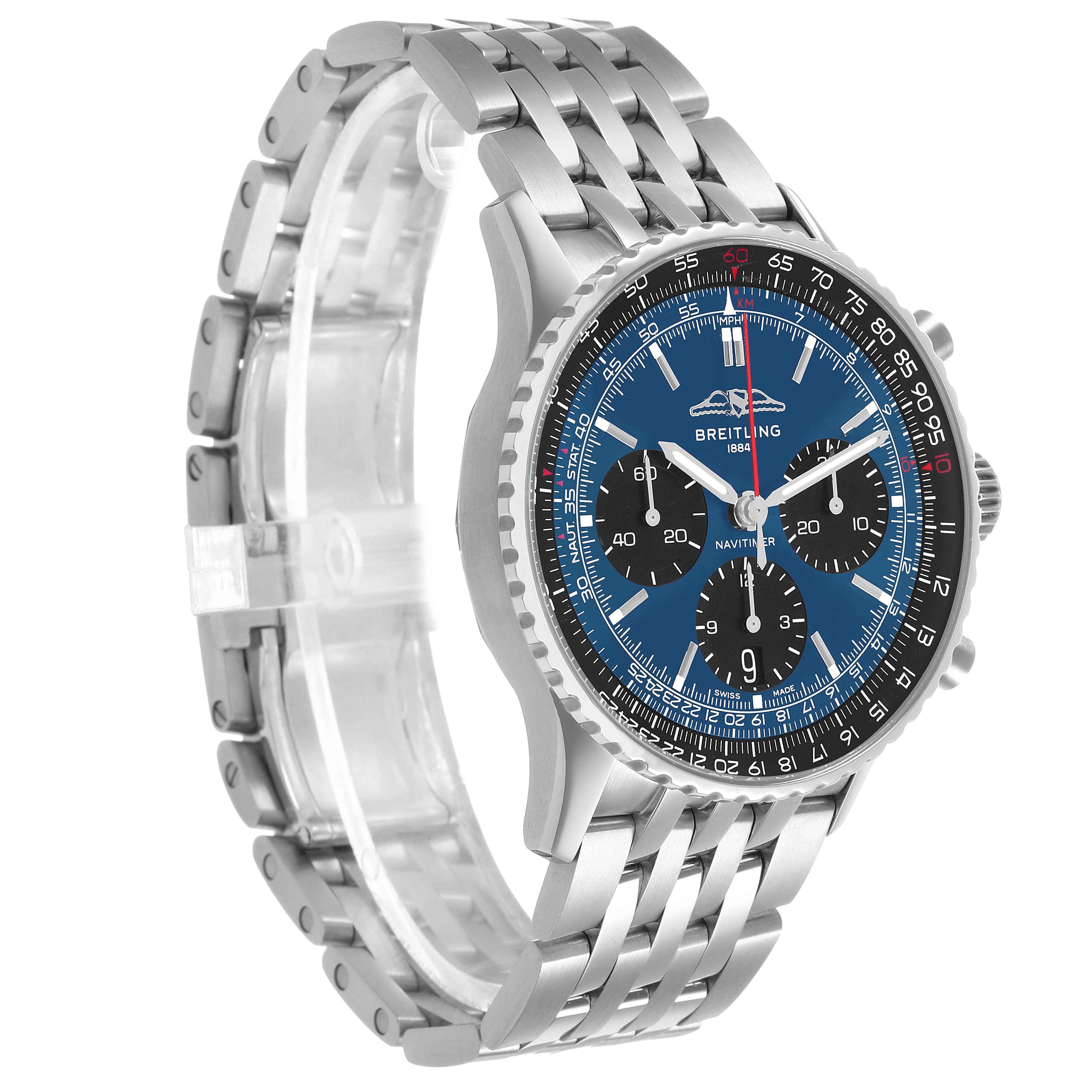 The Breitling Navitimer AB0139241C1A1 Men's Stainless Steel Blue Dial watch is shown at a three-quarter angle, displaying the face, bezel, and part of the stainless steel bracelet.