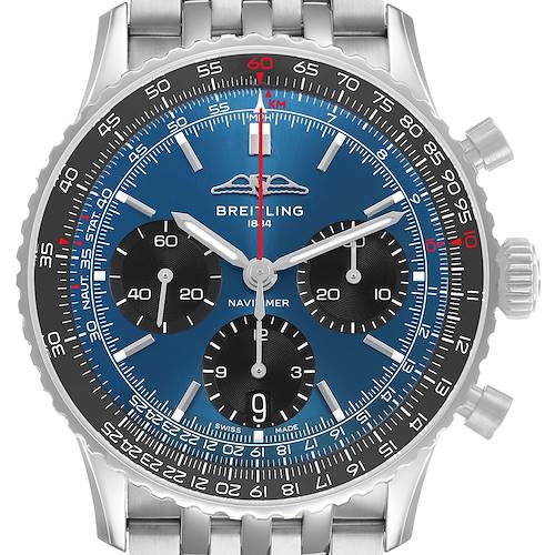 The Breitling Navitimer AB0139241C1A1 Men's Stainless Steel Blue Dial watch is shown from a front angle, highlighting the face, bezel, and metal strap.