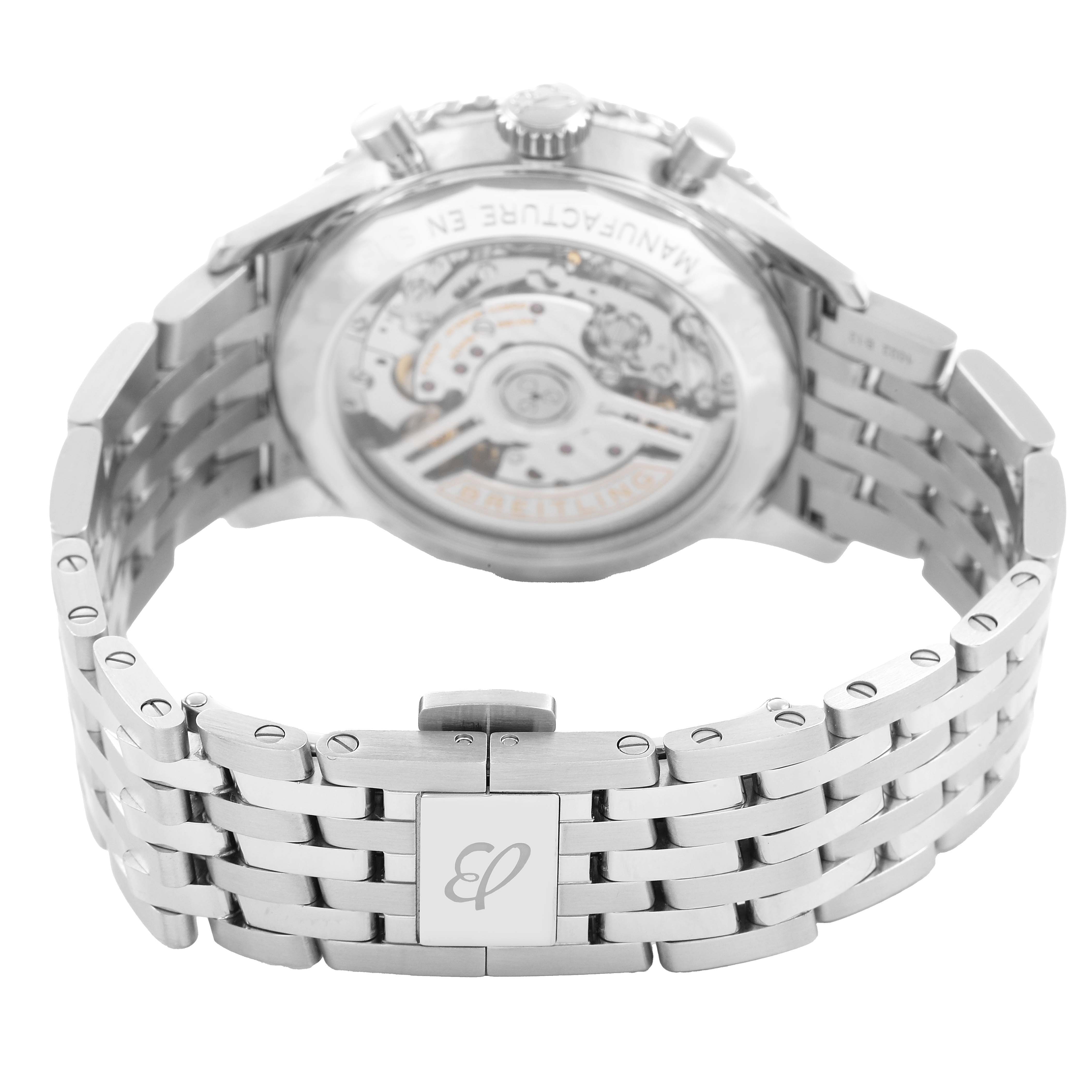 The image shows the Breitling Navitimer AB0139241C1A1 Men's Stainless Steel Blue Dial’s back with a metal bracelet and visible movement at an angle displaying the clasp and links.
