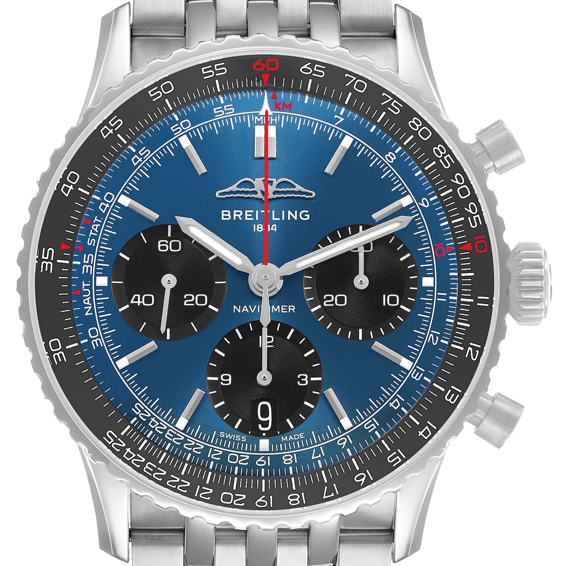 The image shows a front view of the Breitling Navitimer AB0139241C1A1 Men's Stainless Steel Blue Dial, featuring the dial, bezel, and bracelet links.
