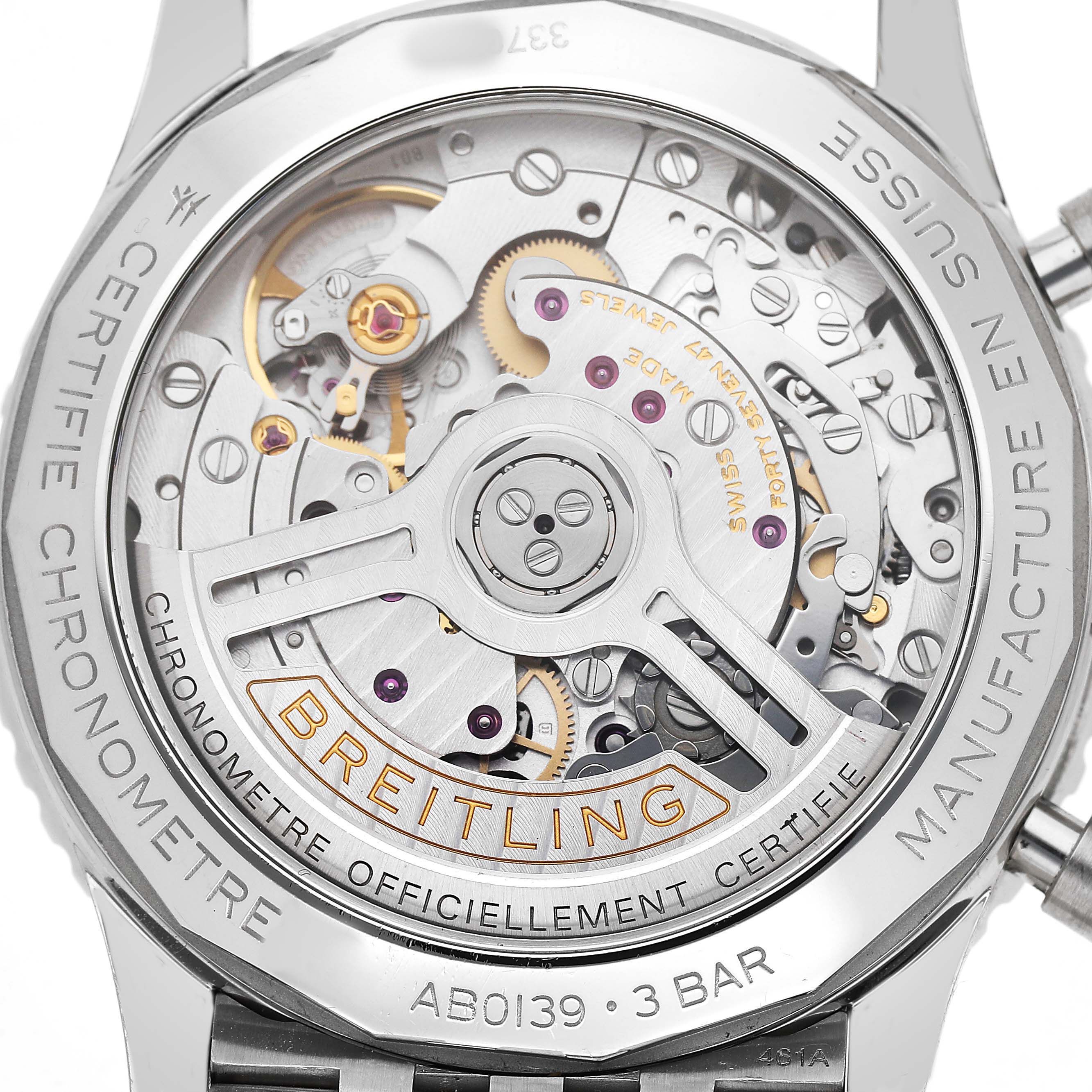 The image shows the case back of a Breitling Navitimer AB0139241C1A1 Men's Stainless Steel Blue Dial, highlighting its intricate movement components.