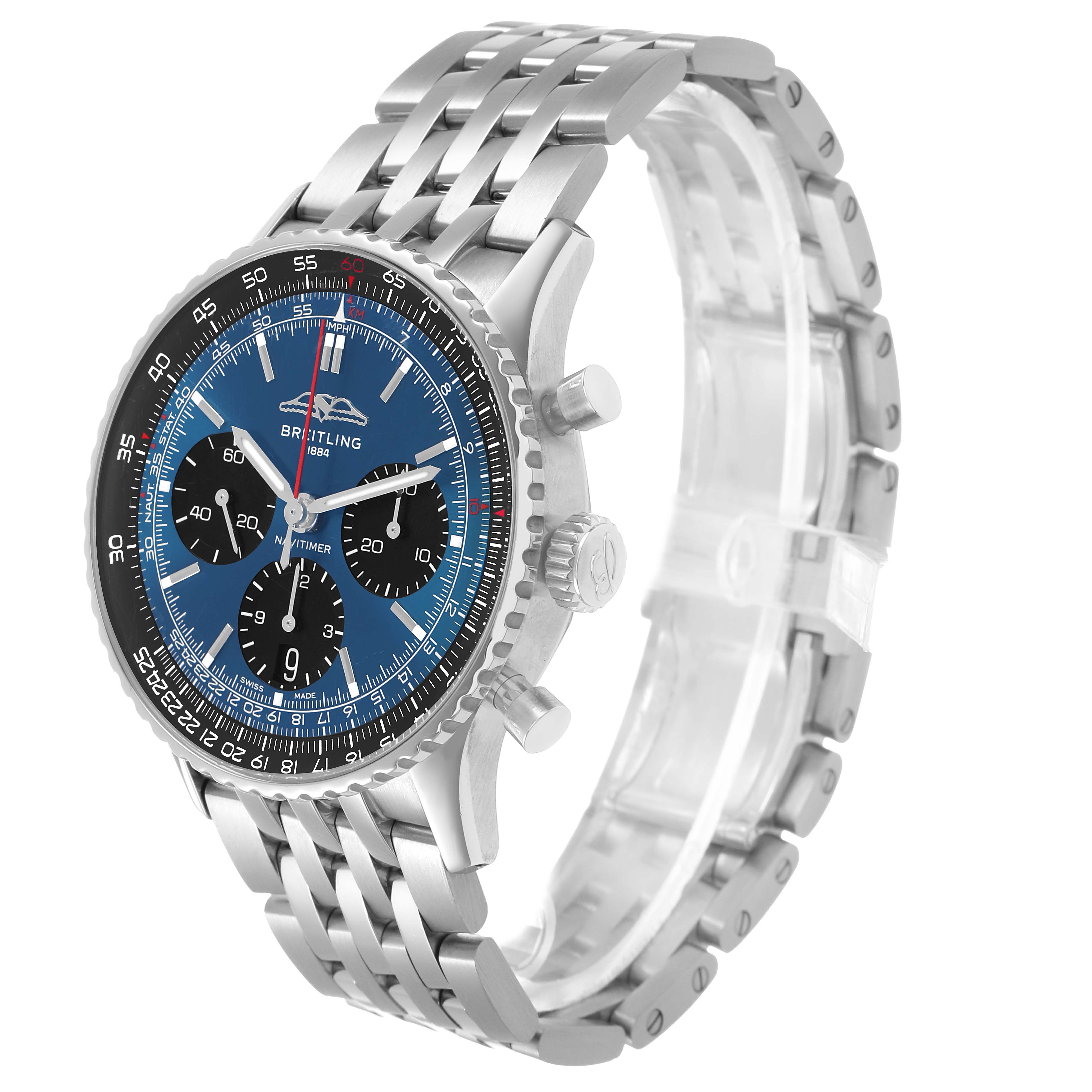 The image shows a Breitling Navitimer AB0139241C1A1 Men's Stainless Steel Blue Dial watch angled from the front-right, highlighting the dial, bezel, crown, pushers, and bracelet.