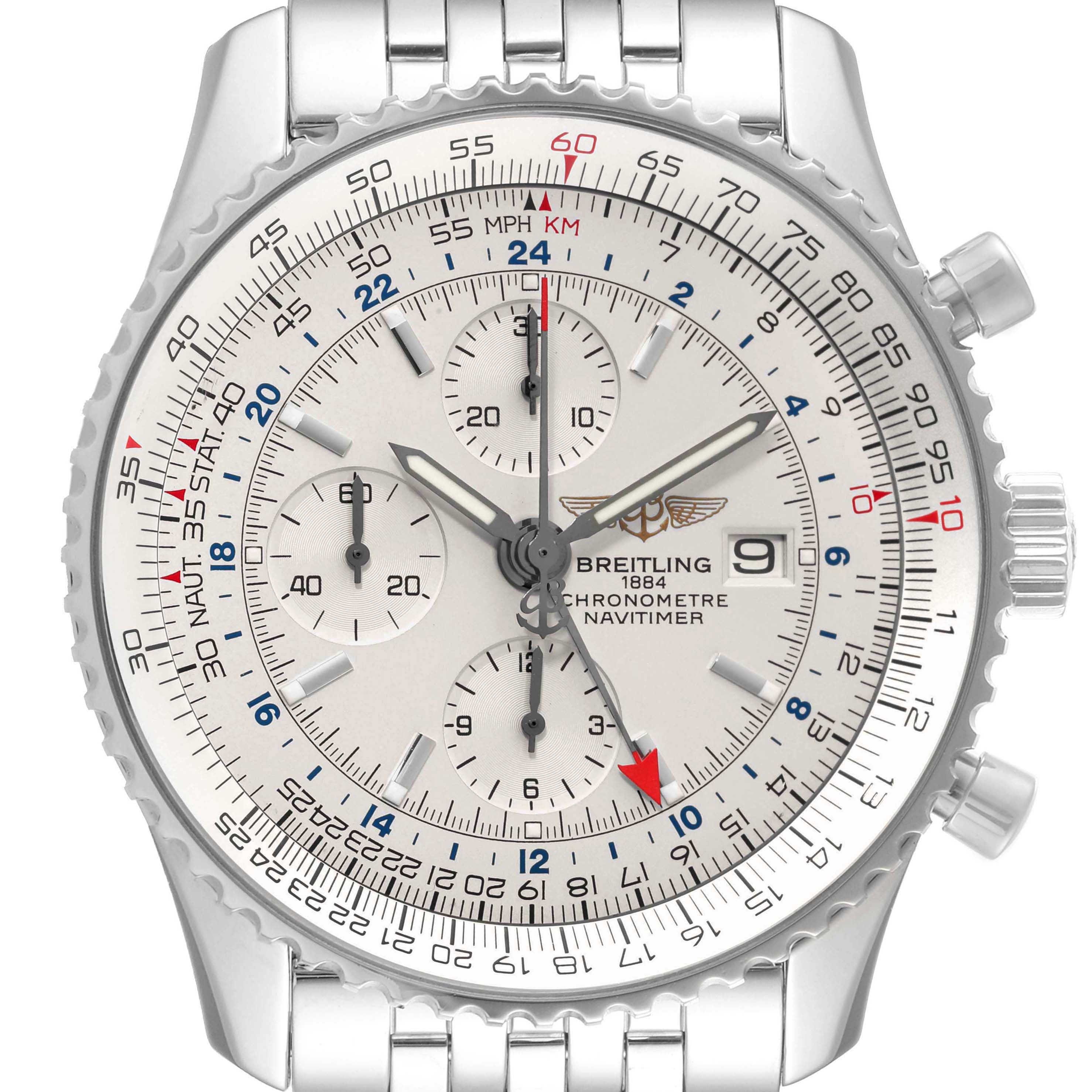 The watch face of the Breitling Navitimer A24322 Men's Stainless Steel Silver Dial A24322 Men's Stainless Steel Silver Dial model is shown at a straight-on angle, displaying its dial, markers, hands, and chronograph subdials.
