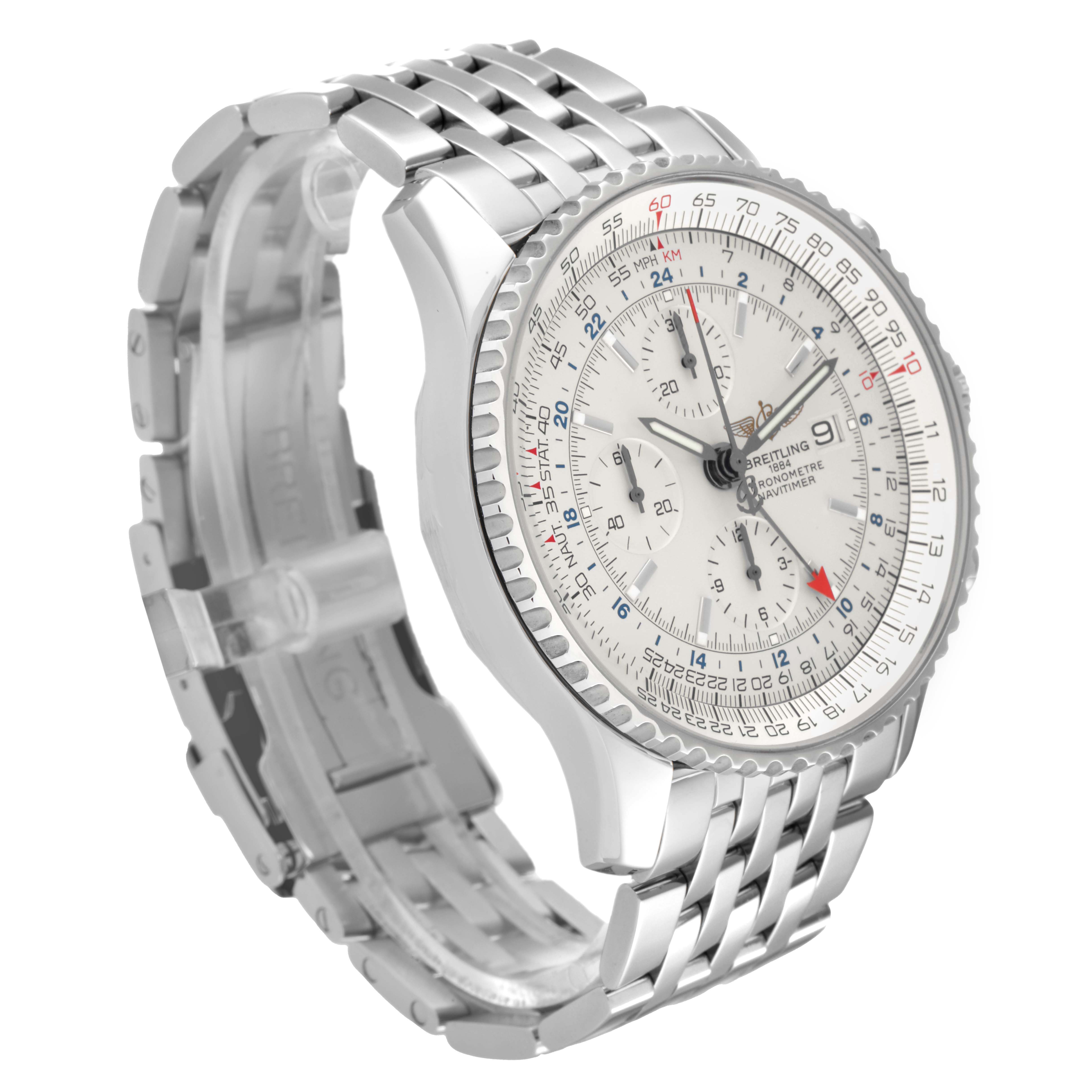The image shows a Breitling Navitimer A24322 Men's Stainless Steel Silver Dial A24322 Men's Stainless Steel Silver Dial watch from an angled view, displaying its face, bezel, and metal bracelet.