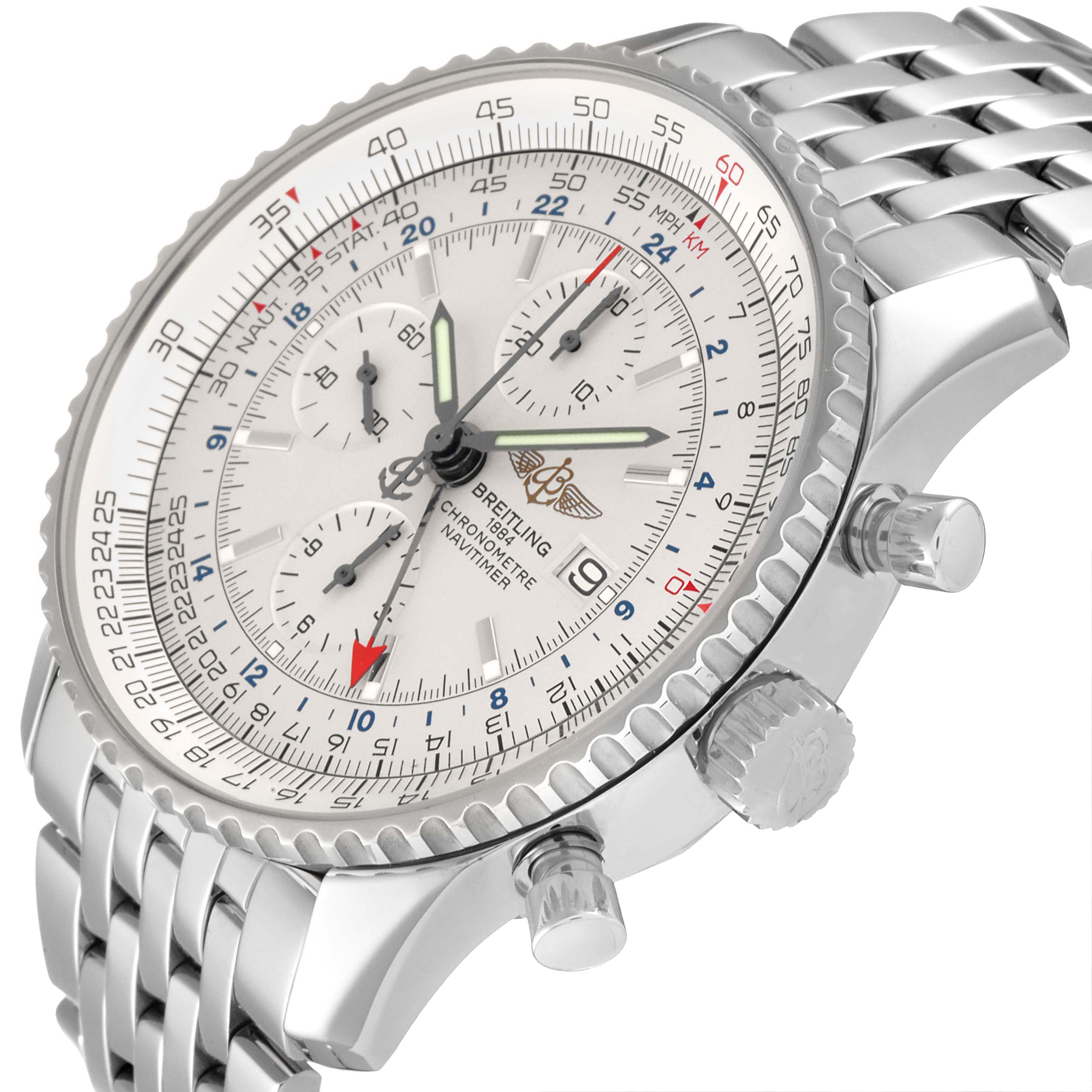 The image shows a close-up, angled view of the Breitling Navitimer A24322 Men's Stainless Steel Silver Dial A24322 Men's Stainless Steel Silver Dial watch featuring its dial, crown, pushers, and bracelet.
