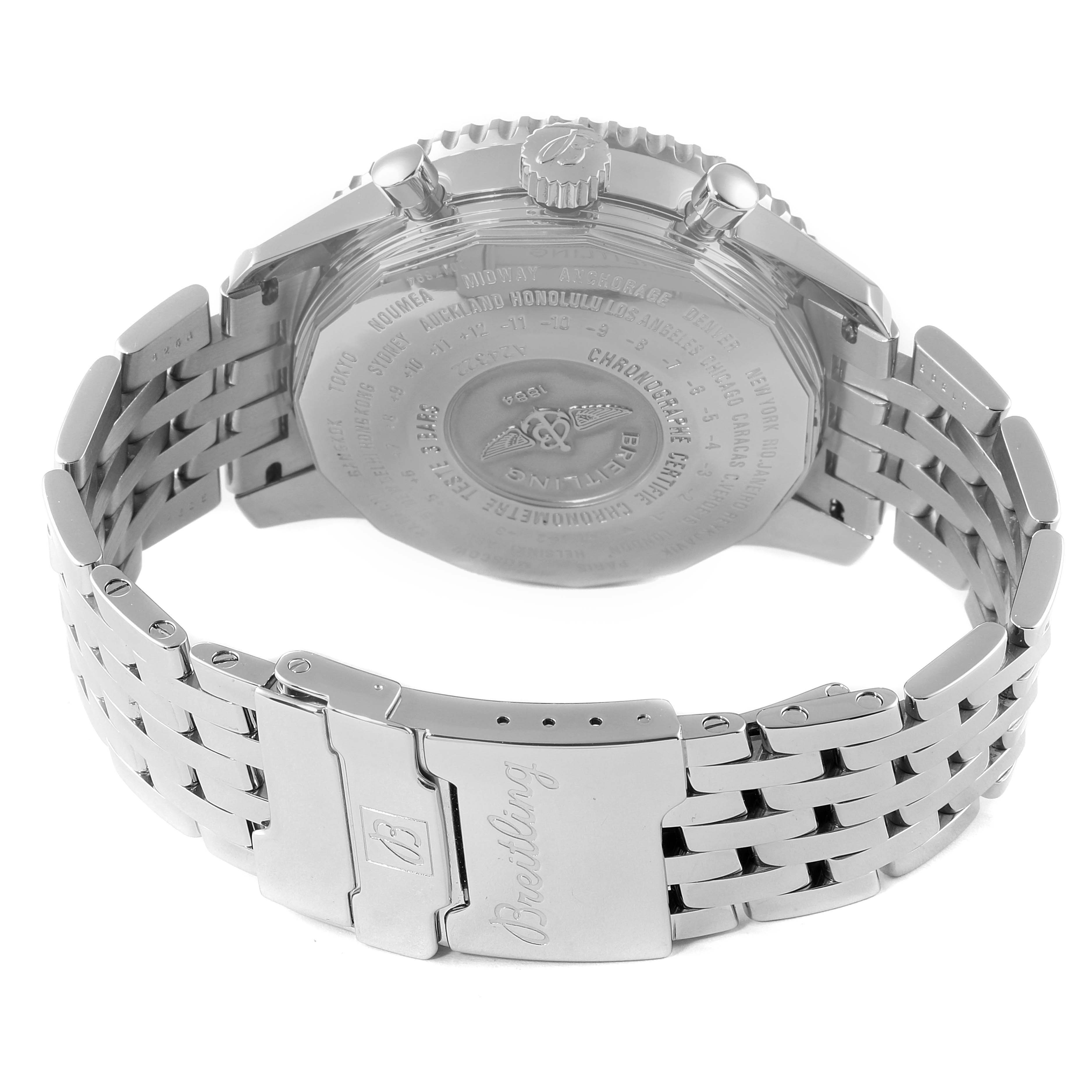 This image shows the back case and bracelet of the Breitling Navitimer A24322 Men's Stainless Steel Silver Dial A24322 Men's Stainless Steel Silver Dial watch from a rear angle.