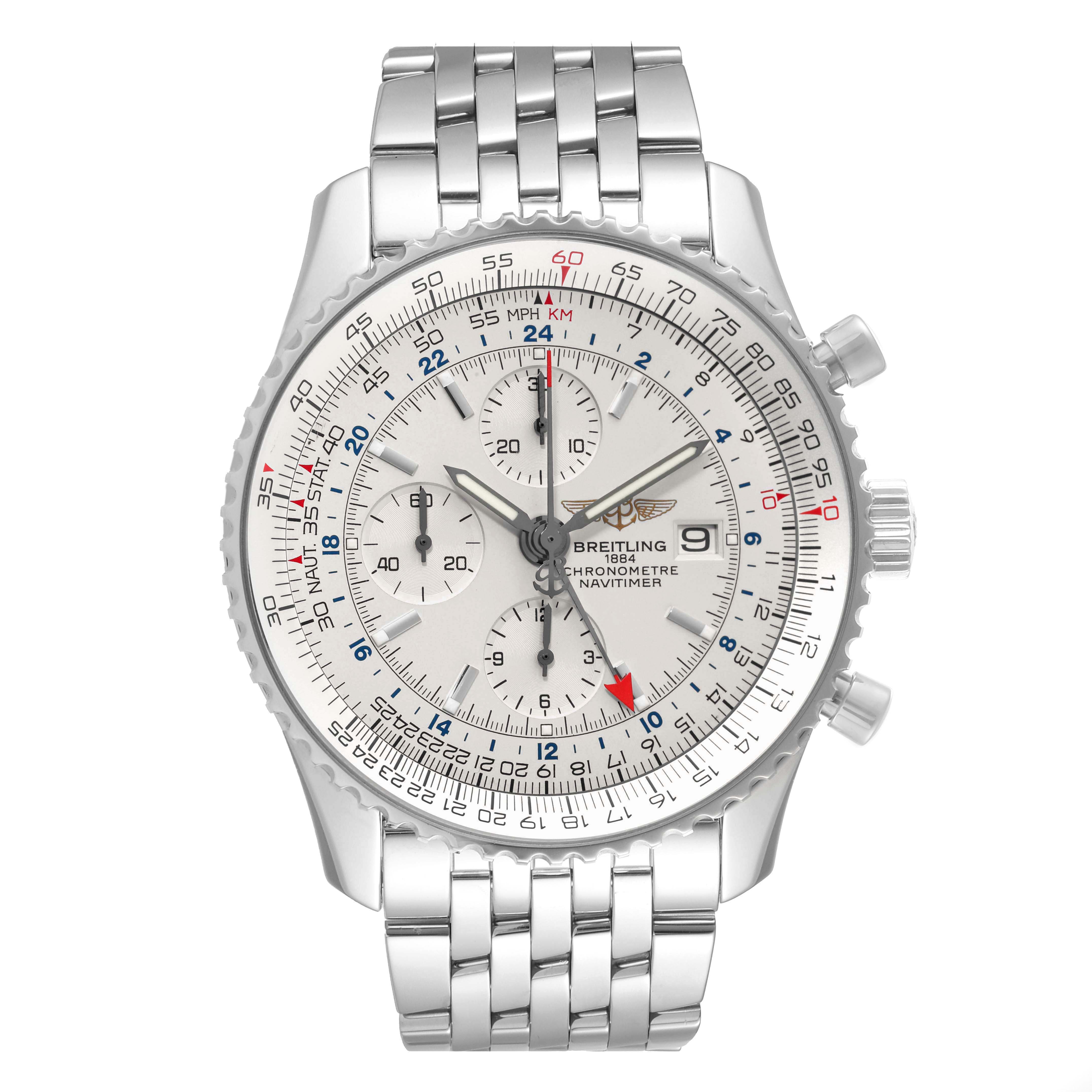 The Breitling Navitimer A24322 Men's Stainless Steel Silver Dial A24322 Men's Stainless Steel Silver Dial watch is shown from the front, displaying its face, bezel, and metal bracelet.