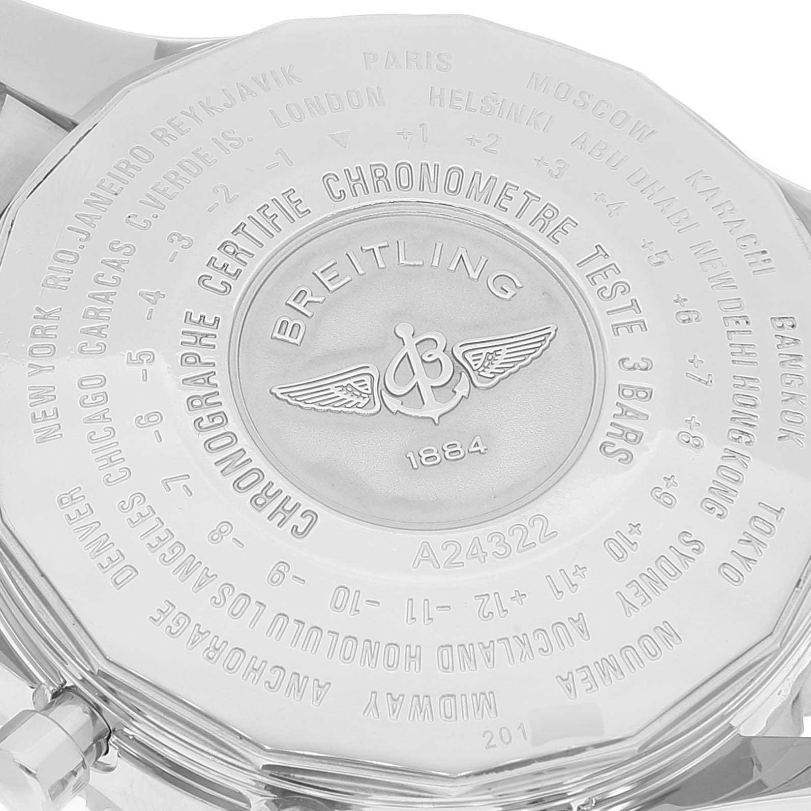 The image shows the back case of a Breitling Navitimer A24322 Men's Stainless Steel Silver Dial A24322 Men's Stainless Steel Silver Dial watch with engraved details.