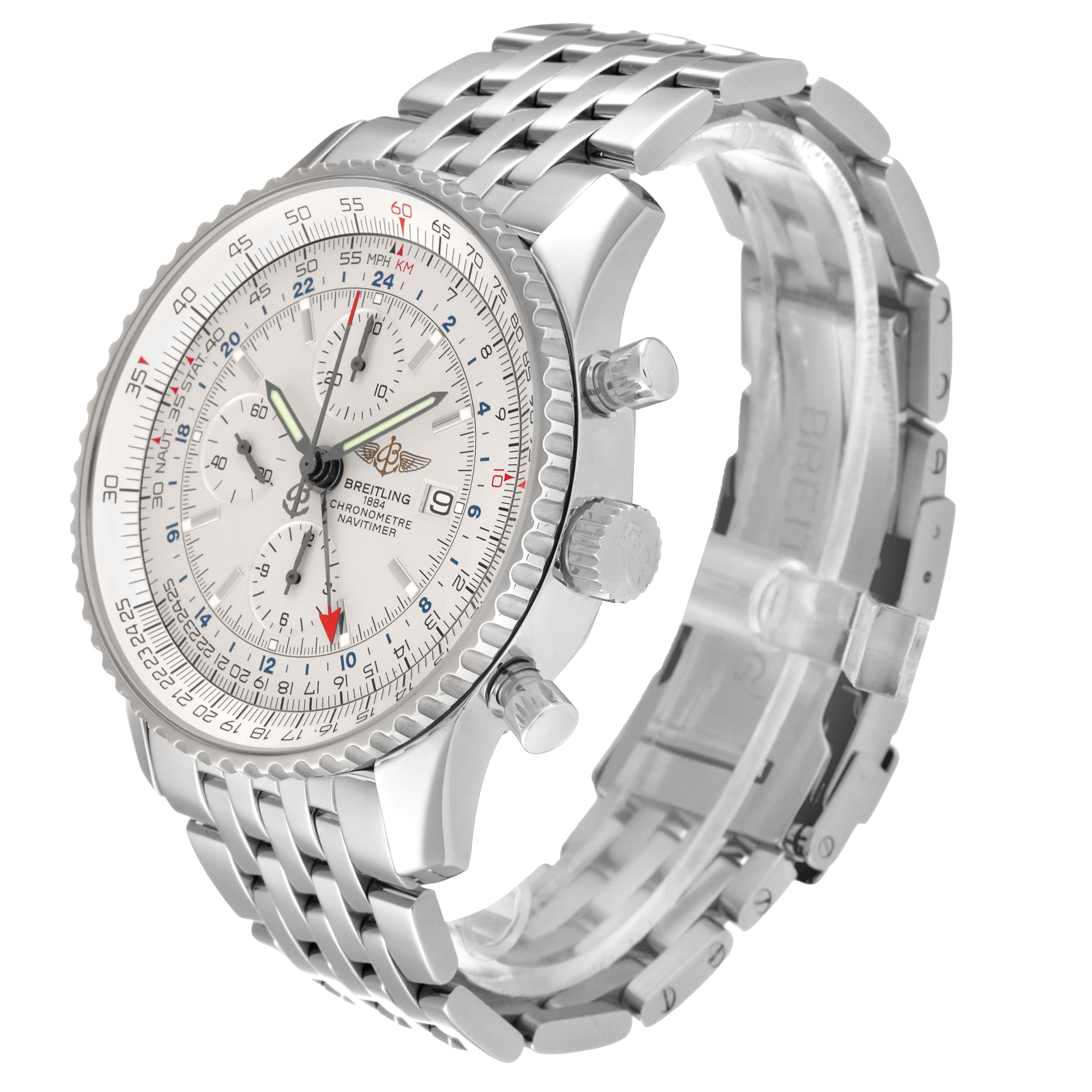 This image shows a Breitling Navitimer A24322 Men's Stainless Steel Silver Dial A24322 Men's Stainless Steel Silver Dial watch at an oblique angle, highlighting its face, bezel, crown, pushers, and metal bracelet.