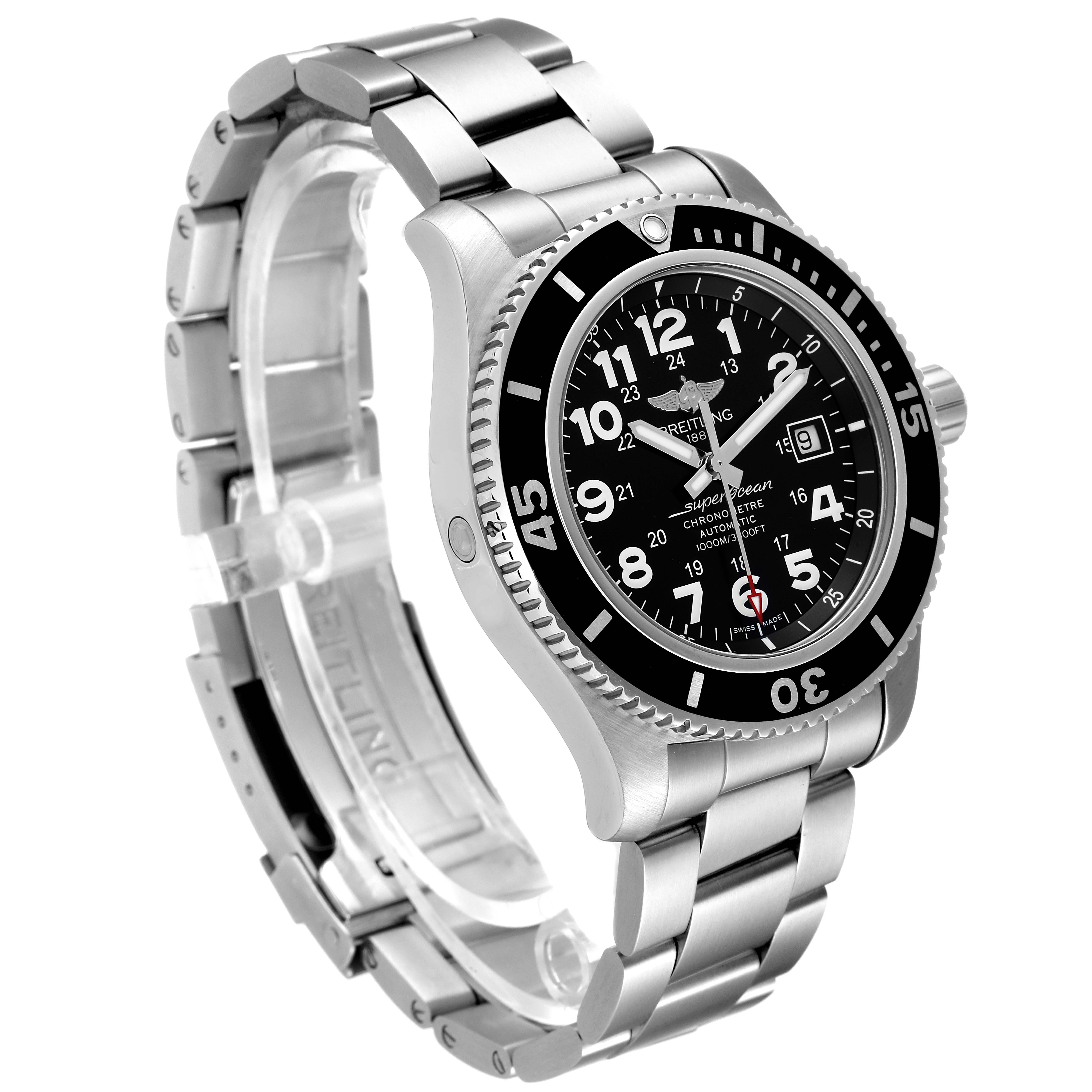 The image shows a Breitling Superocean A17392D8/C910 Men's Stainless Steel Black Dial A17392D8/C910 Men's Stainless Steel Black Dial watch at an oblique angle, highlighting the face, bezel, crown, and metal bracelet.