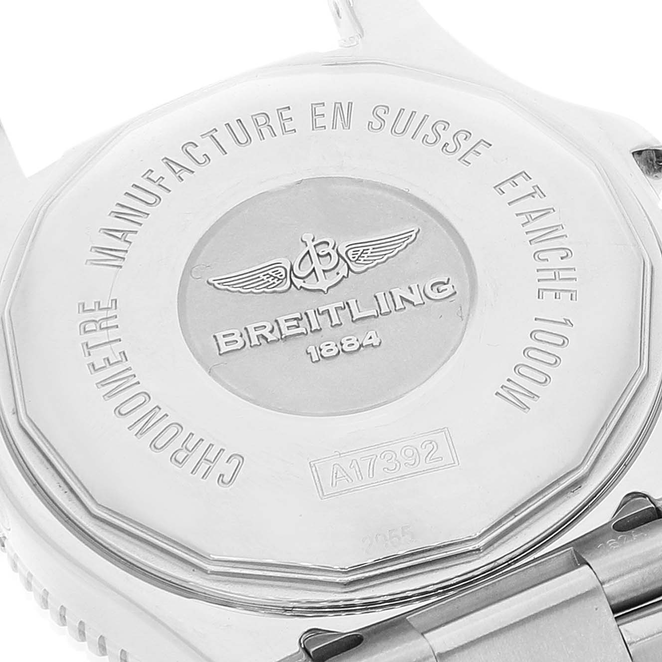 This image shows the case back of the Breitling Superocean A17392D8/C910 Men's Stainless Steel Black Dial A17392D8/C910 Men's Stainless Steel Black Dial watch at a close-up angle.