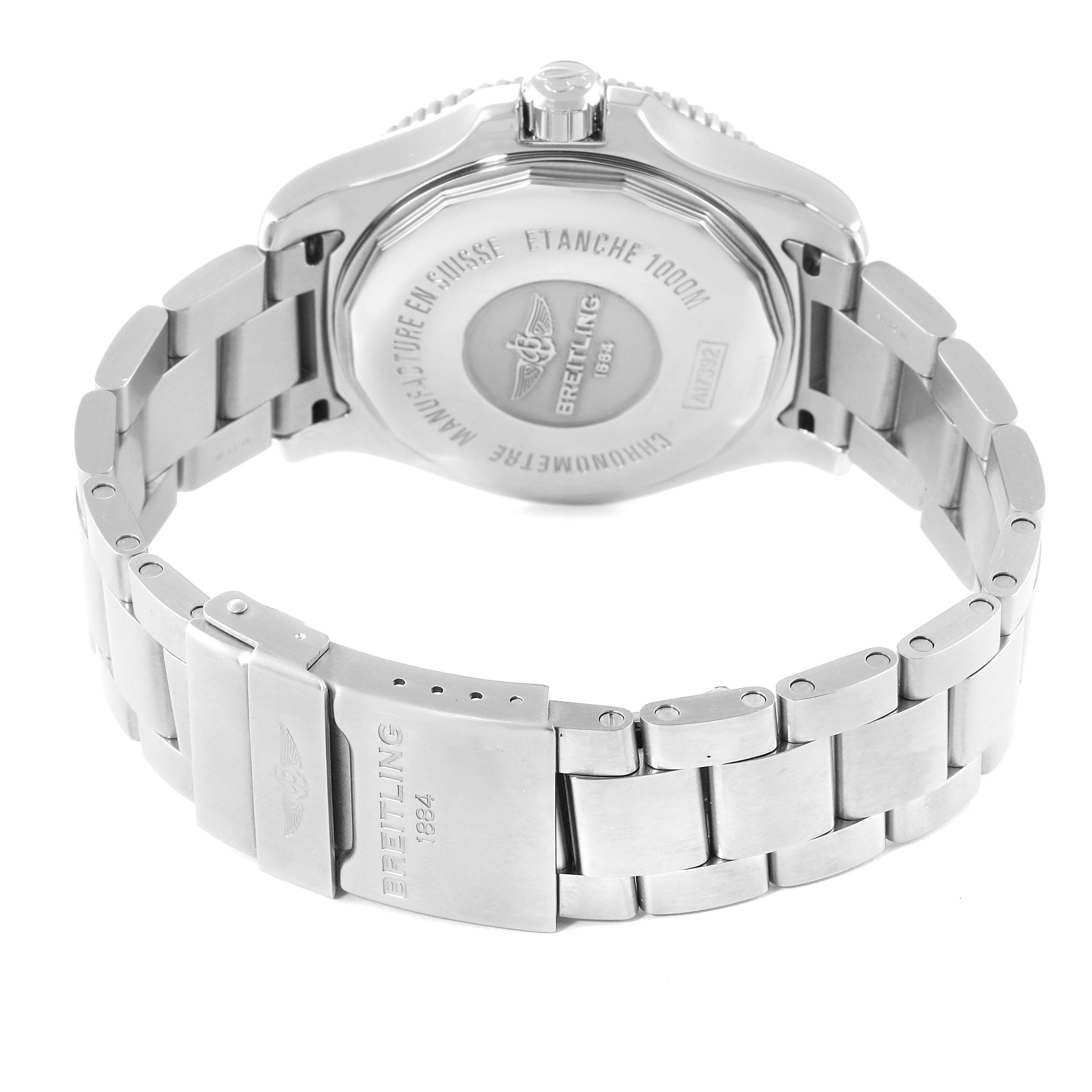 The image shows the back view of a Breitling Superocean A17392D8/C910 Men's Stainless Steel Black Dial A17392D8/C910 Men's Stainless Steel Black Dial watch, highlighting the case back and metal bracelet.