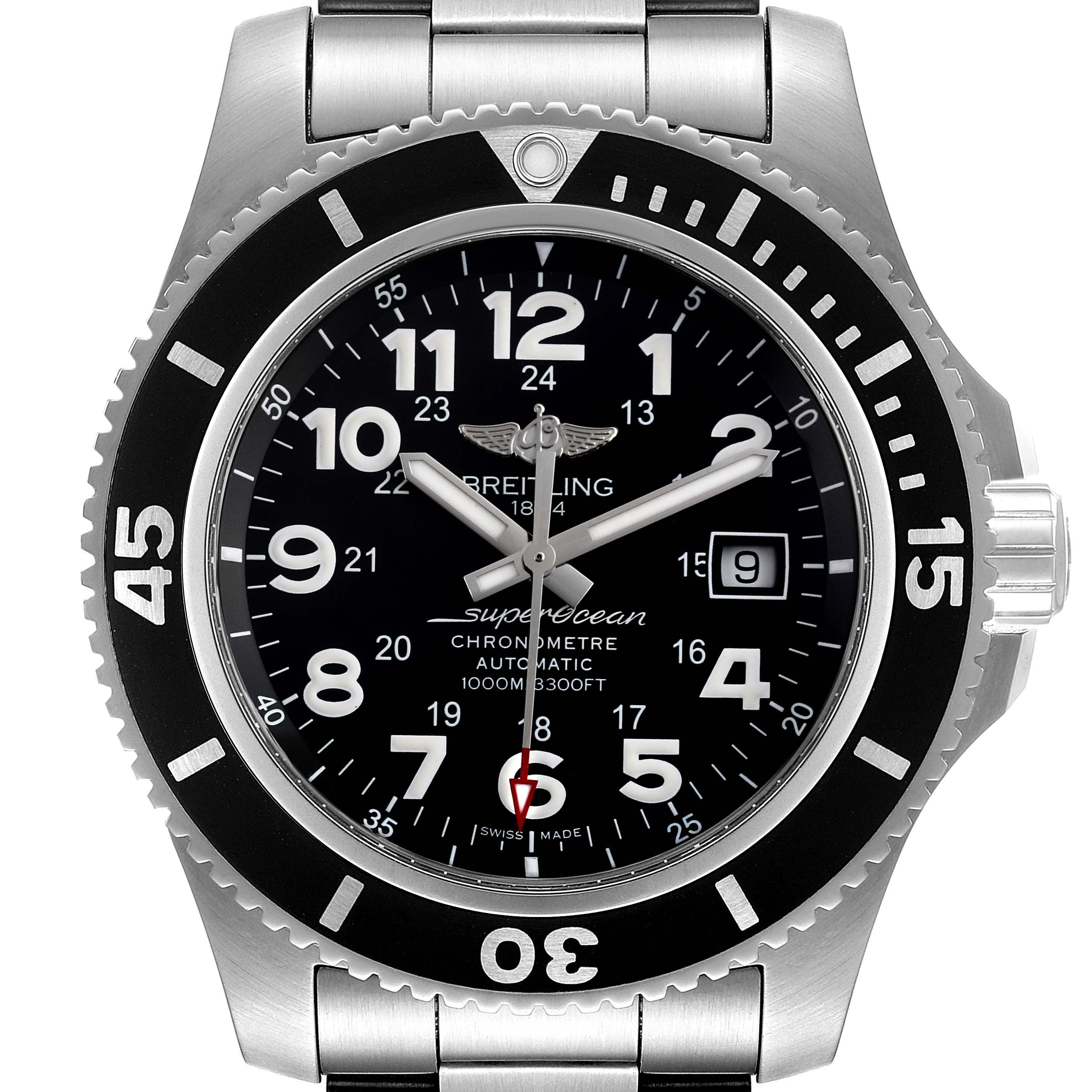 This image shows a front view of the Breitling Superocean A17392D8/C910 Men's Stainless Steel Black Dial A17392D8/C910 Men's Stainless Steel Black Dial watch, highlighting its dial, bezel, and bracelet.