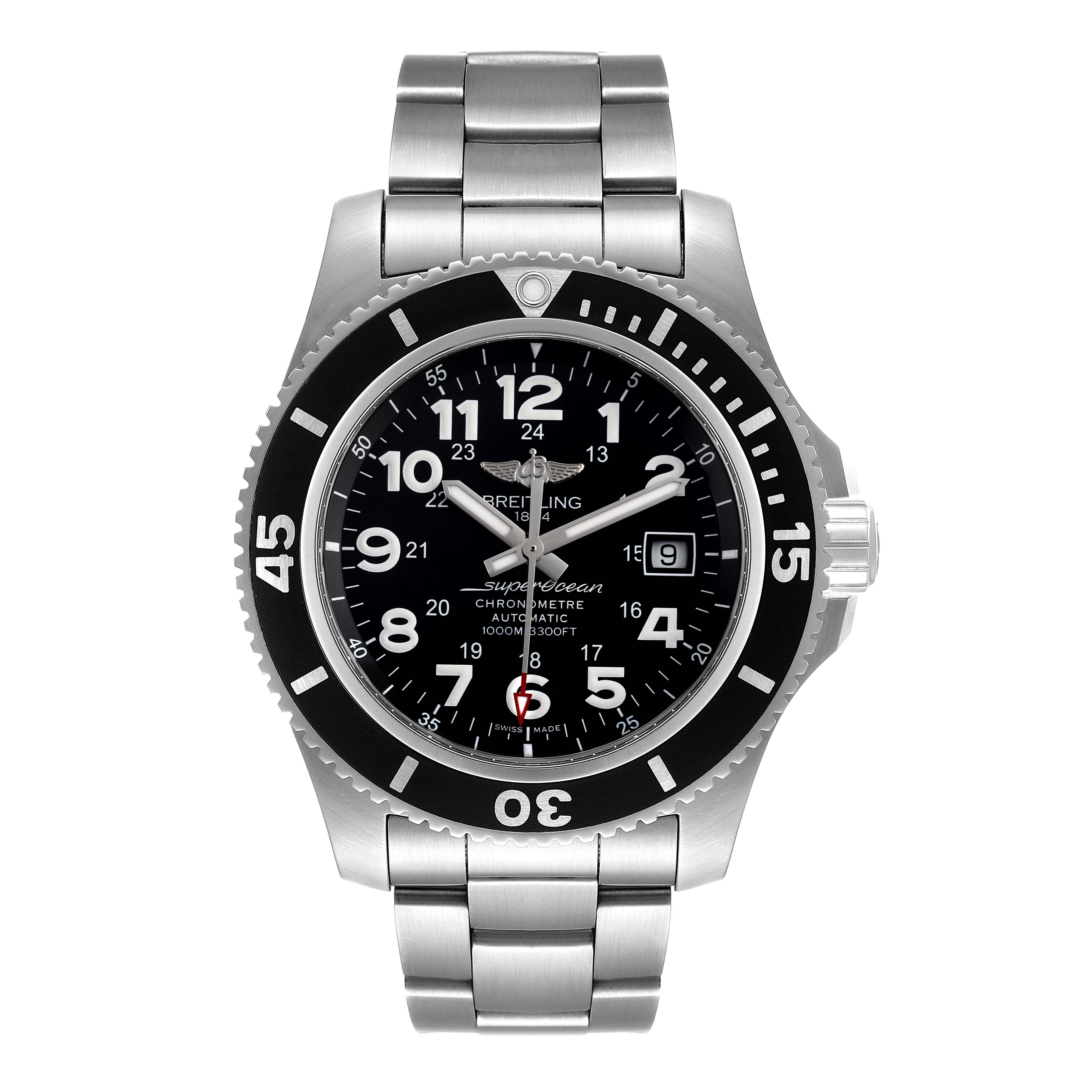The Breitling Superocean A17392D8/C910 Men's Stainless Steel Black Dial A17392D8/C910 Men's Stainless Steel Black Dial watch is shown from the front, displaying its face, bezel, and stainless steel bracelet.