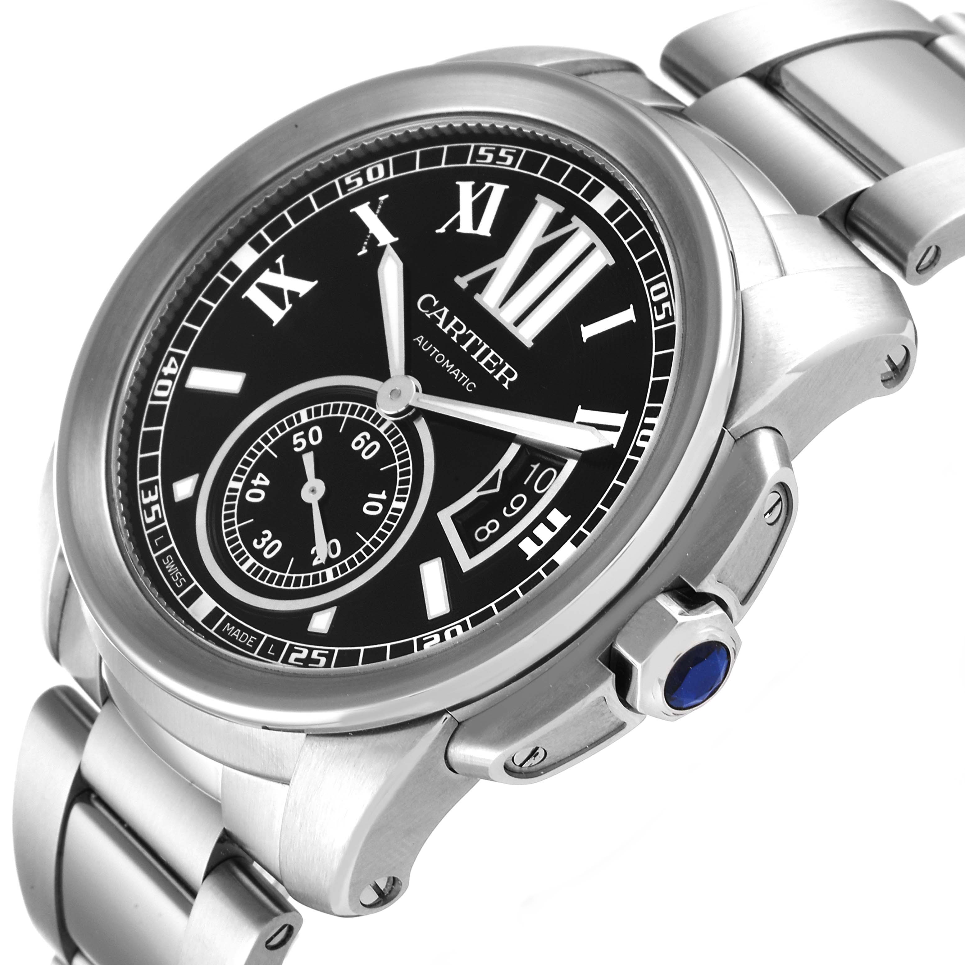 The Calibre de Cartier watch by Cartier is shown from an angled close-up view, highlighting the face, bezel, and part of the bracelet.