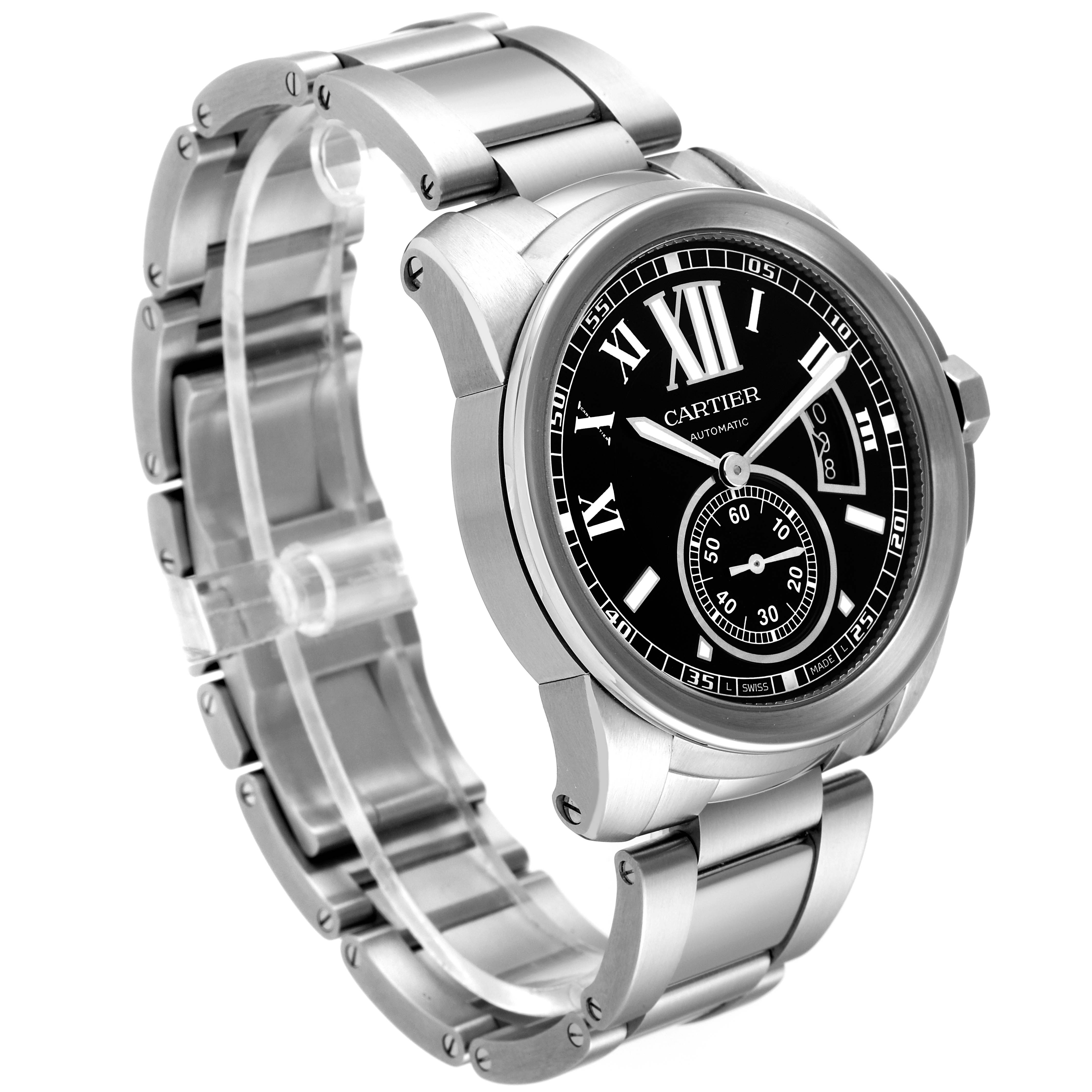 The Calibre de Cartier watch by Cartier is shown at an angle displaying its face, bezel, crown, and bracelet.