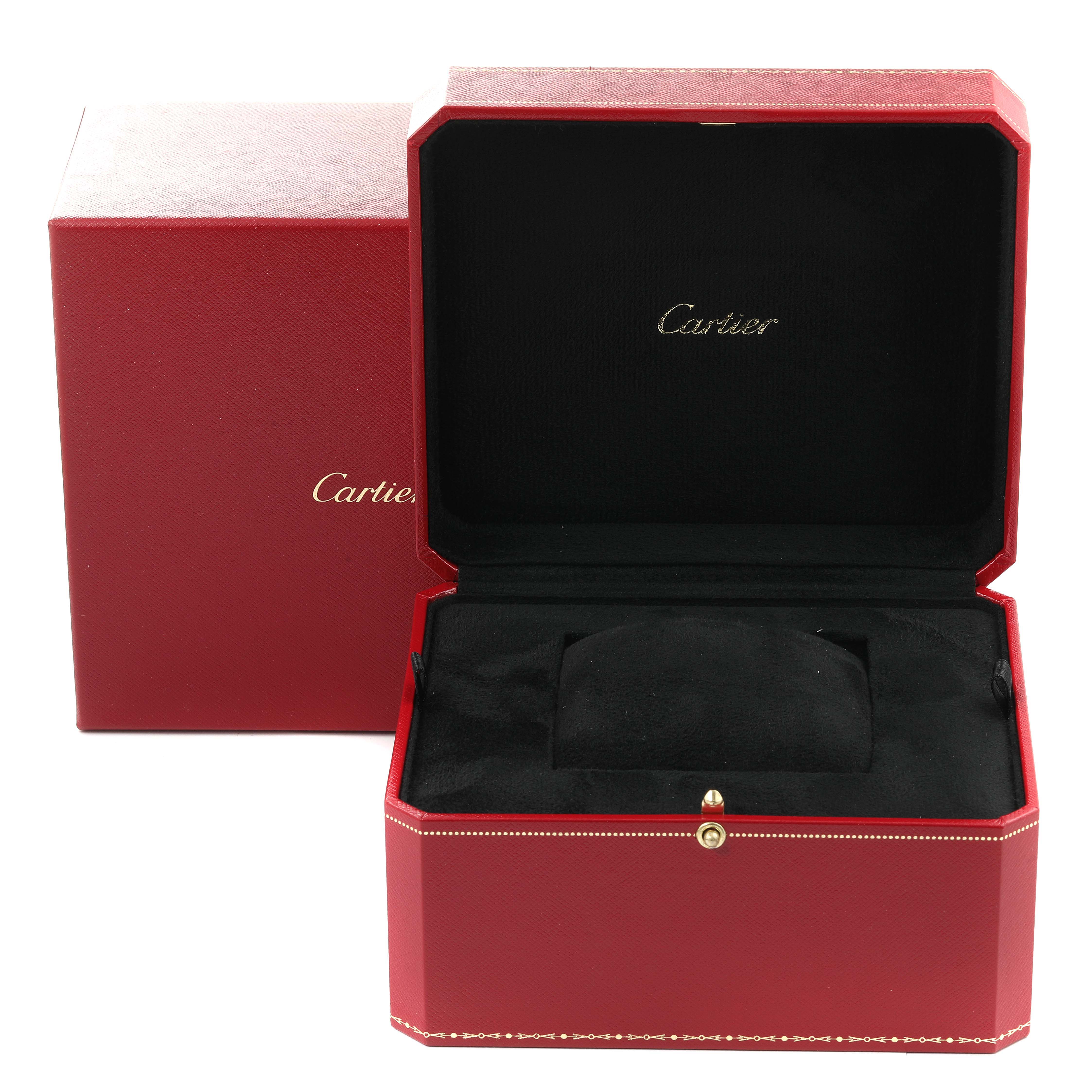 The image shows an open red Cartier box for the Ballon Bleu model, revealing the pillow inside.