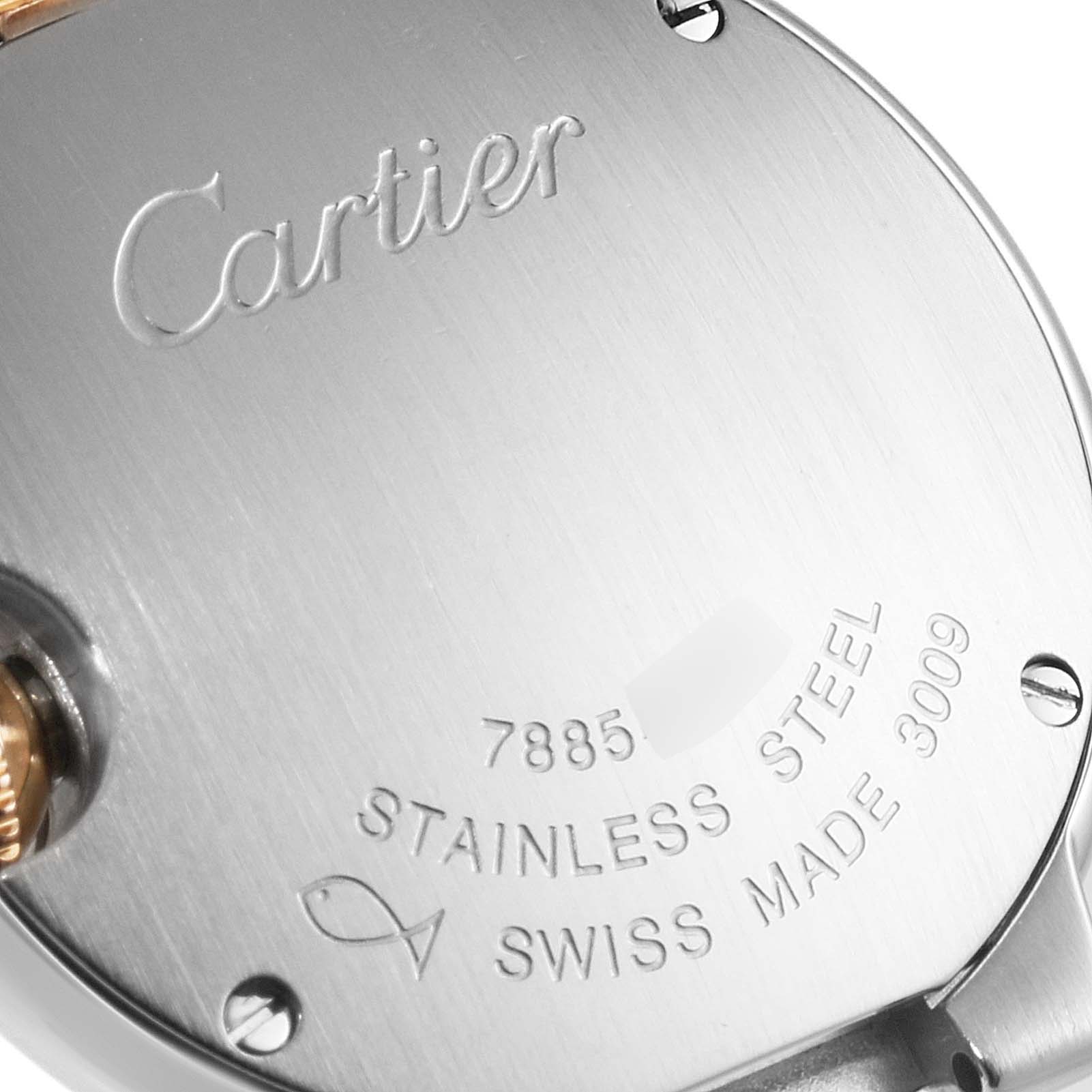 The image shows the back of a Cartier Ballon Bleu WE902030 Women
s Steel and Gold (two tone) Silver Dial WE902030 Women
s Steel and Gold (two tone) Silver Dial watch, highlighting its stainless steel case and inscriptions.