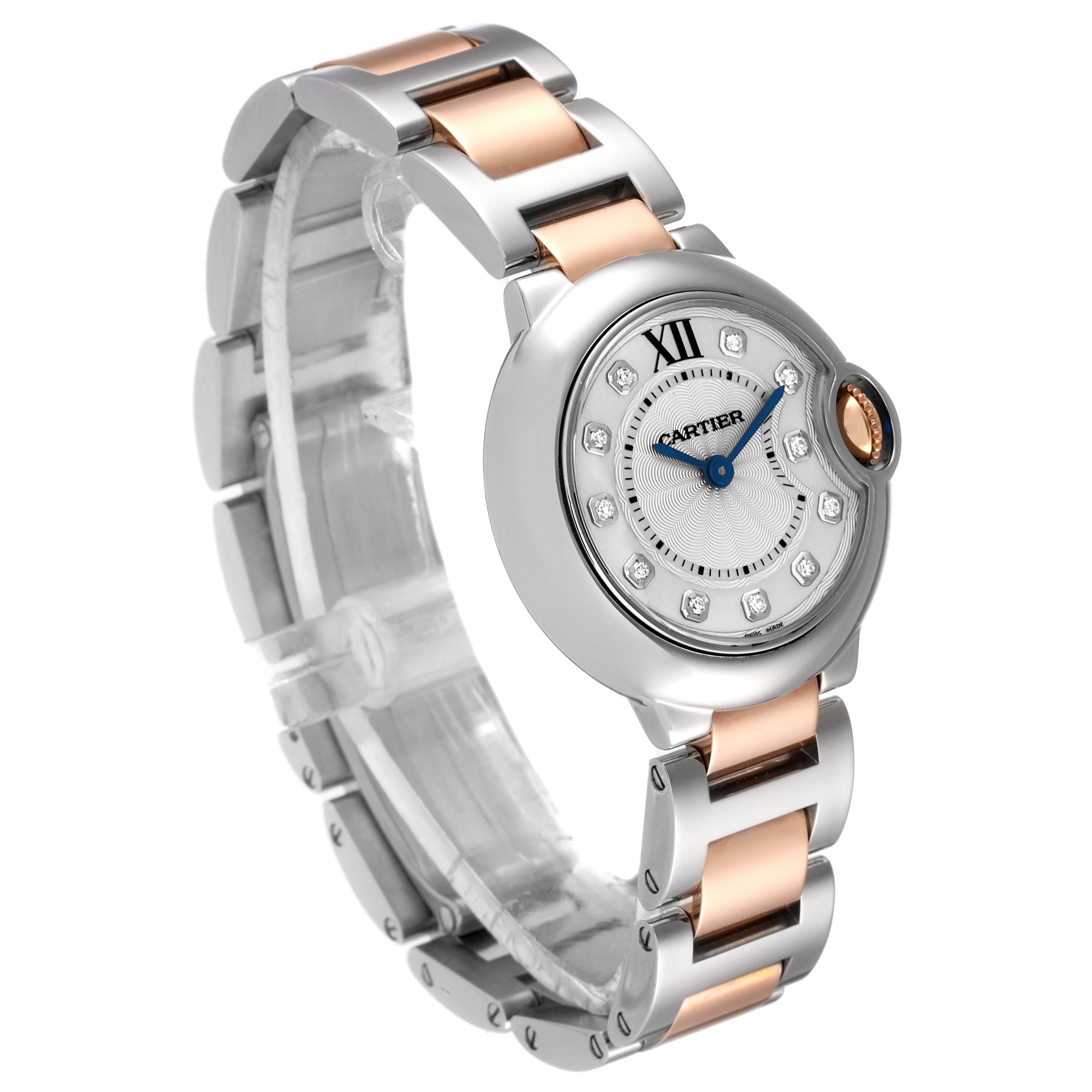 The image shows a side angle of the Ballon Bleu de Cartier watch, highlighting its two-tone bracelet and round face with Roman numerals.