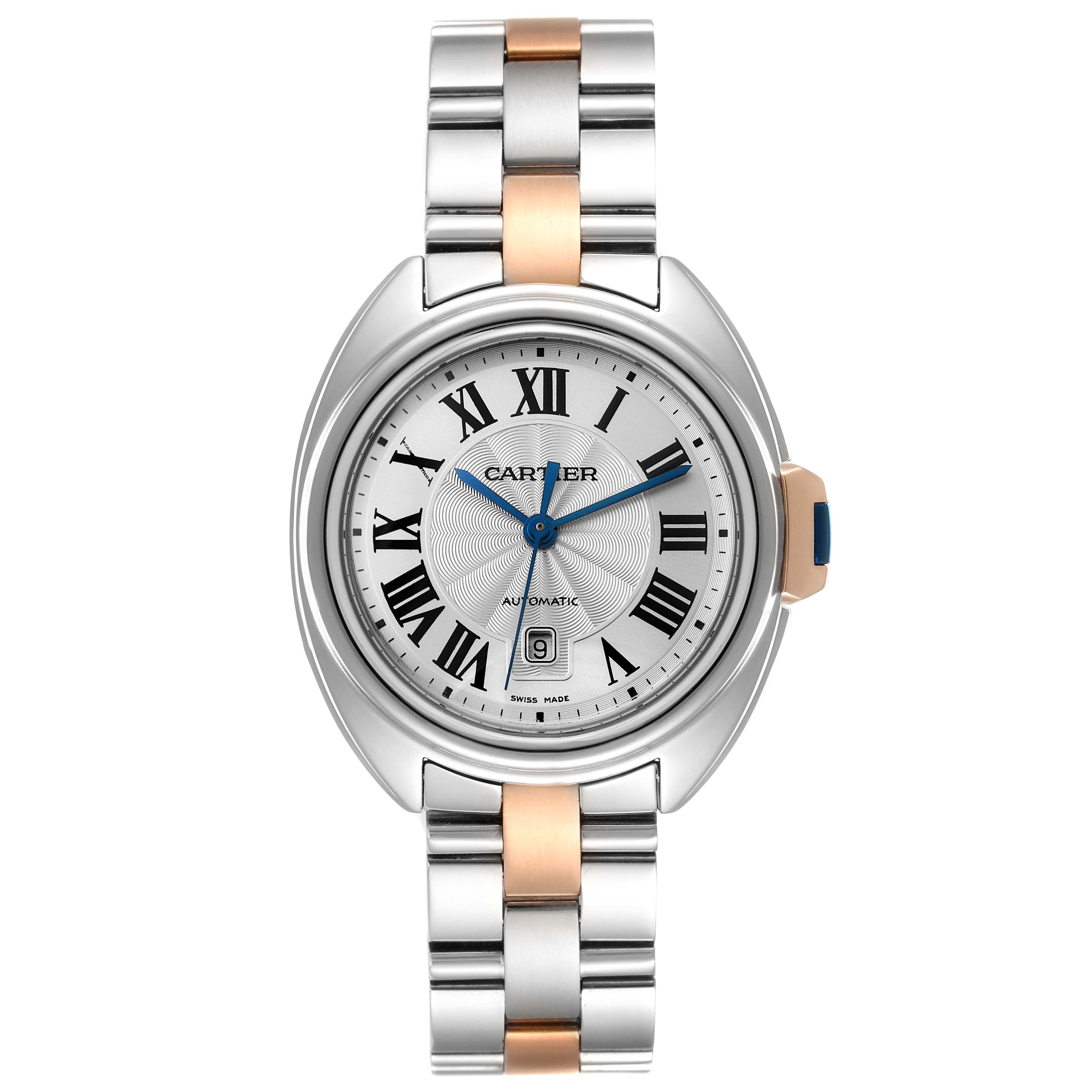 The image shows a frontal view of the Cartier Cle WSCL0005 Women's Steel and Gold (two tone) Blue Dial WSCL0005 Women's Steel and Gold (two tone) Blue Dial model watch, featuring a two-tone bracelet and Roman numeral dial.