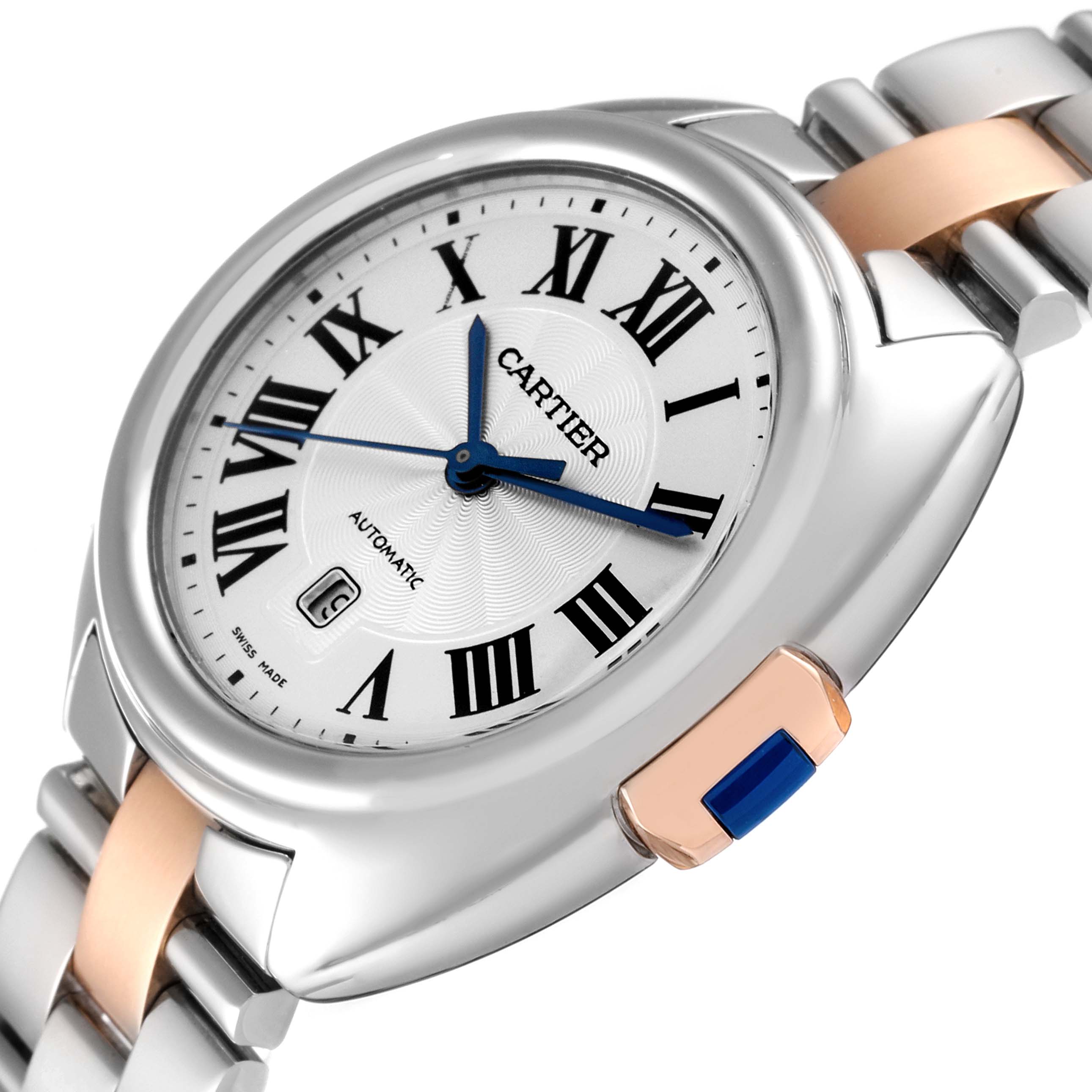 The image shows a close-up angle of the Cartier Cle WSCL0005 Women's Steel and Gold (two tone) Blue Dial WSCL0005 Women's Steel and Gold (two tone) Blue Dial model, highlighting its dial, Roman numeral markers, blue hands, and part of the bracelet.