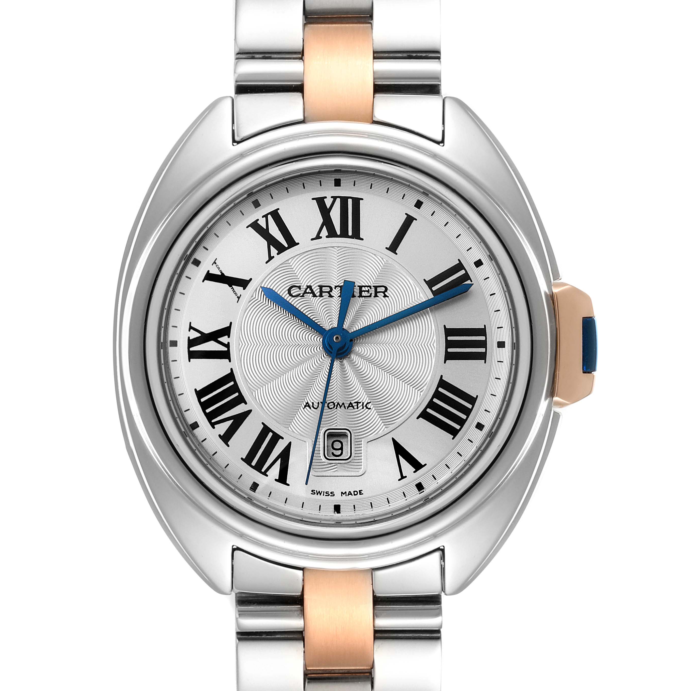 The image shows a front view of the Cle de Cartier watch, highlighting the face, hands, and part of the bracelet.
