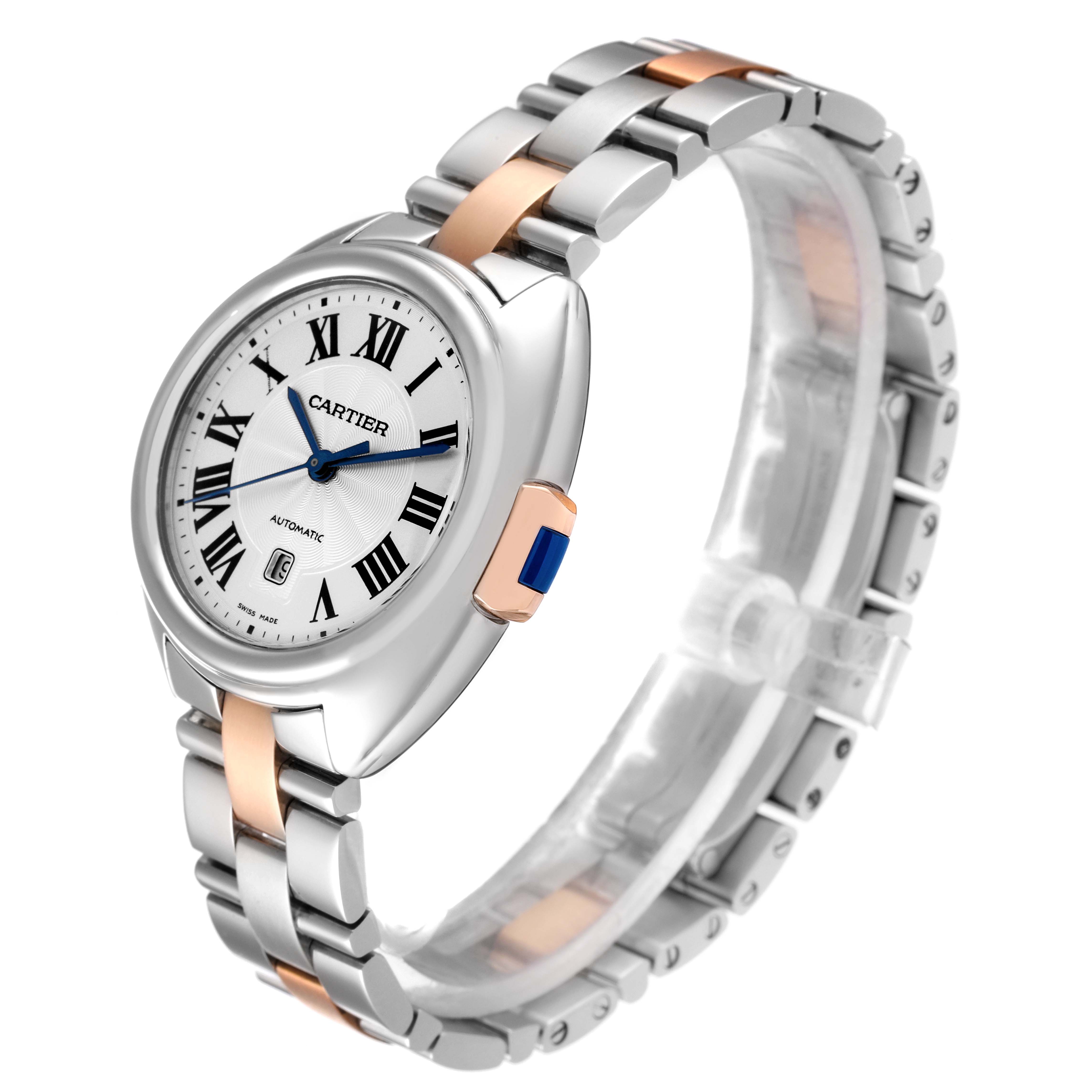 The image shows a Cartier Cle WSCL0005 Women's Steel and Gold (two tone) Blue Dial WSCL0005 Women's Steel and Gold (two tone) Blue Dial model watch at a slight angle, displaying the face, bezel, and two-tone metal bracelet.