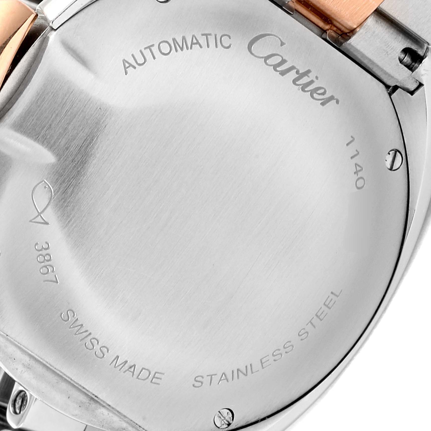 The image shows the back case of a Cle model by Cartier, focusing on the inscriptions and material details.