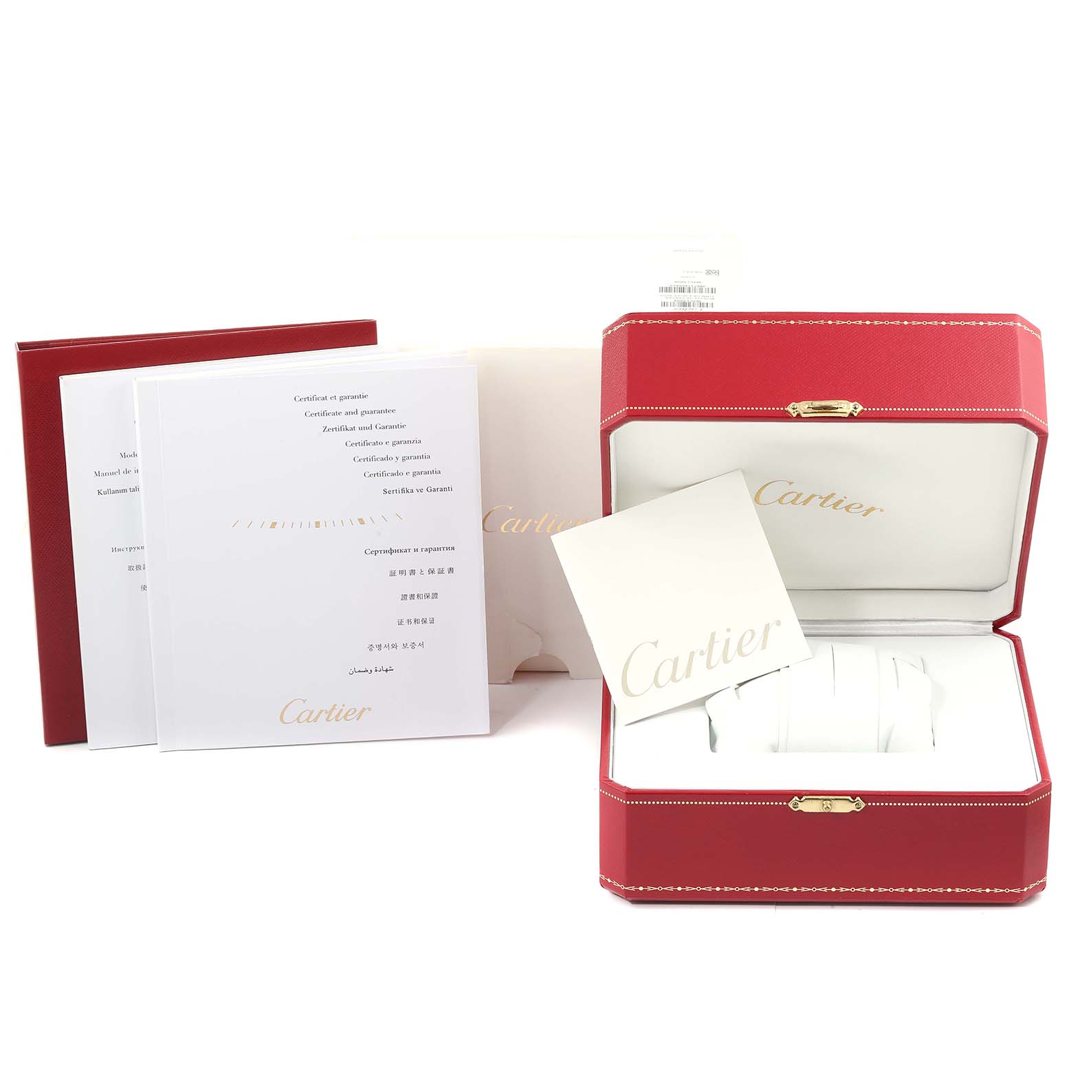 The image shows the packaging and documentation for a Cartier Cle WSCL0005 Women's Steel and Gold (two tone) Blue Dial WSCL0005 Women's Steel and Gold (two tone) Blue Dial model watch, including the red box and booklets.