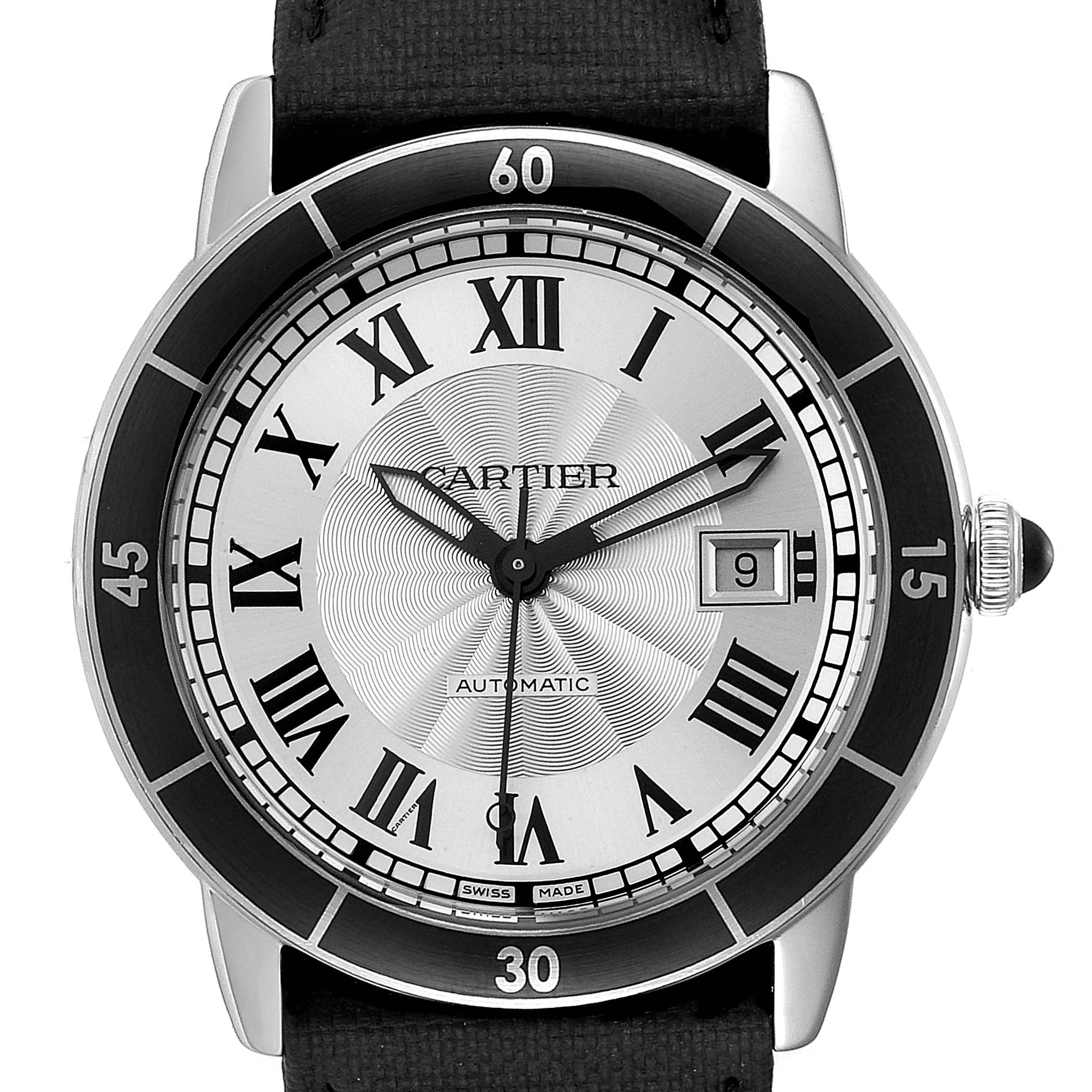 This image shows a front view of the Cartier Cle WSRN0002 Men's Stainless Steel Silver Dial WSRN0002 Men's Stainless Steel Silver Dial model watch, displaying the face, hands, date window, and part of the strap.
