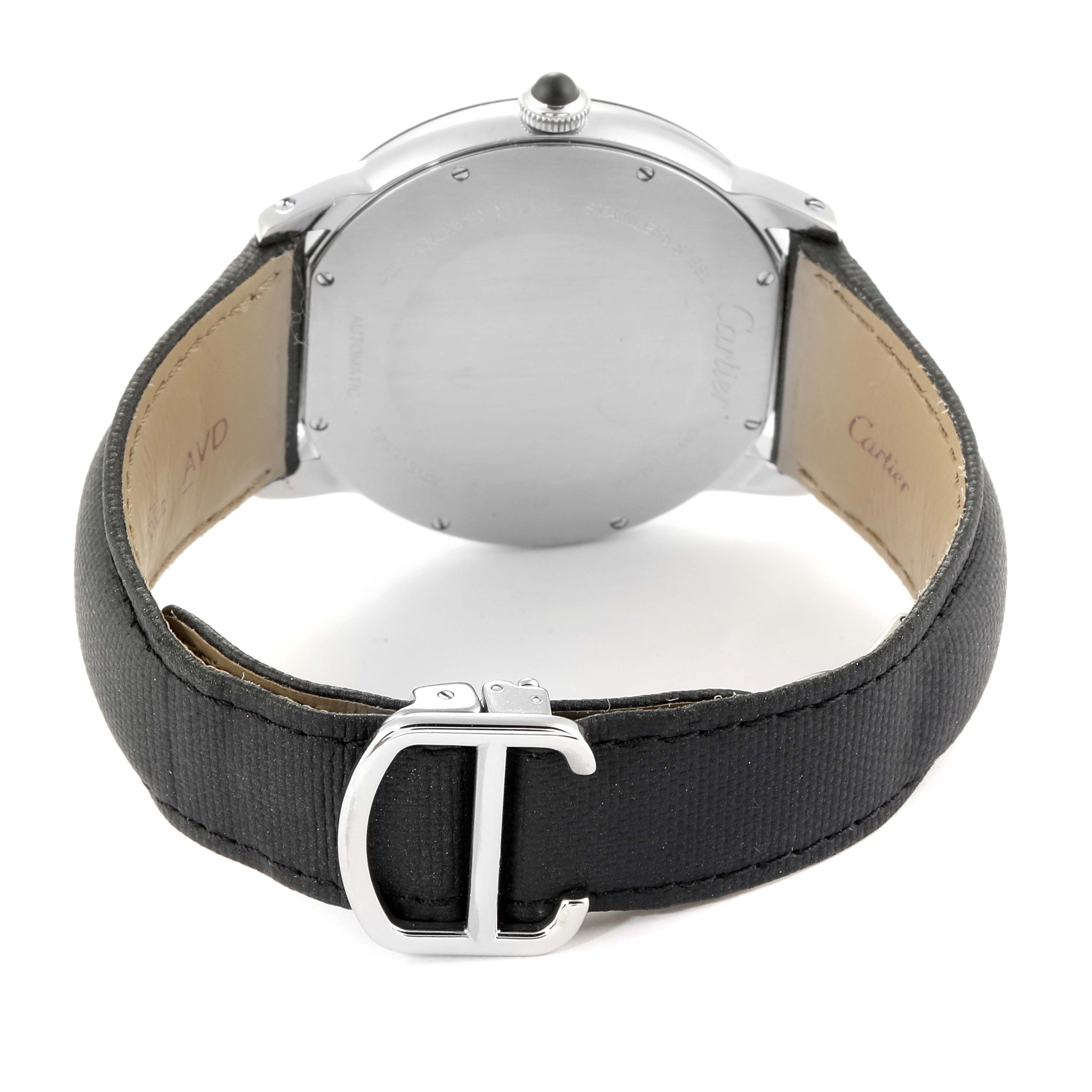 This image shows the rear view of a Cle de Cartier watch, including the back case and the buckle of the strap.