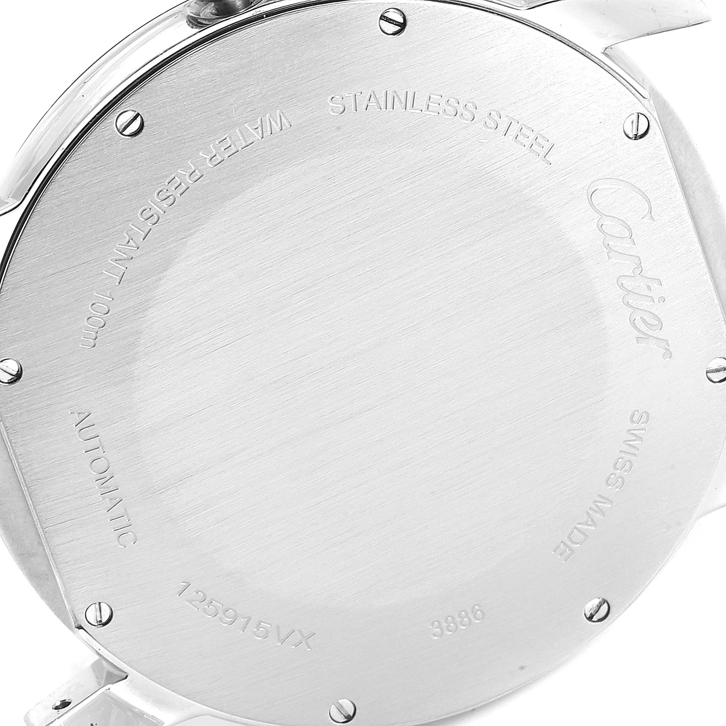 The image shows the back case of a Cartier Cle WSRN0002 Men's Stainless Steel Silver Dial WSRN0002 Men's Stainless Steel Silver Dial model watch, displaying the brand, model, and material information.