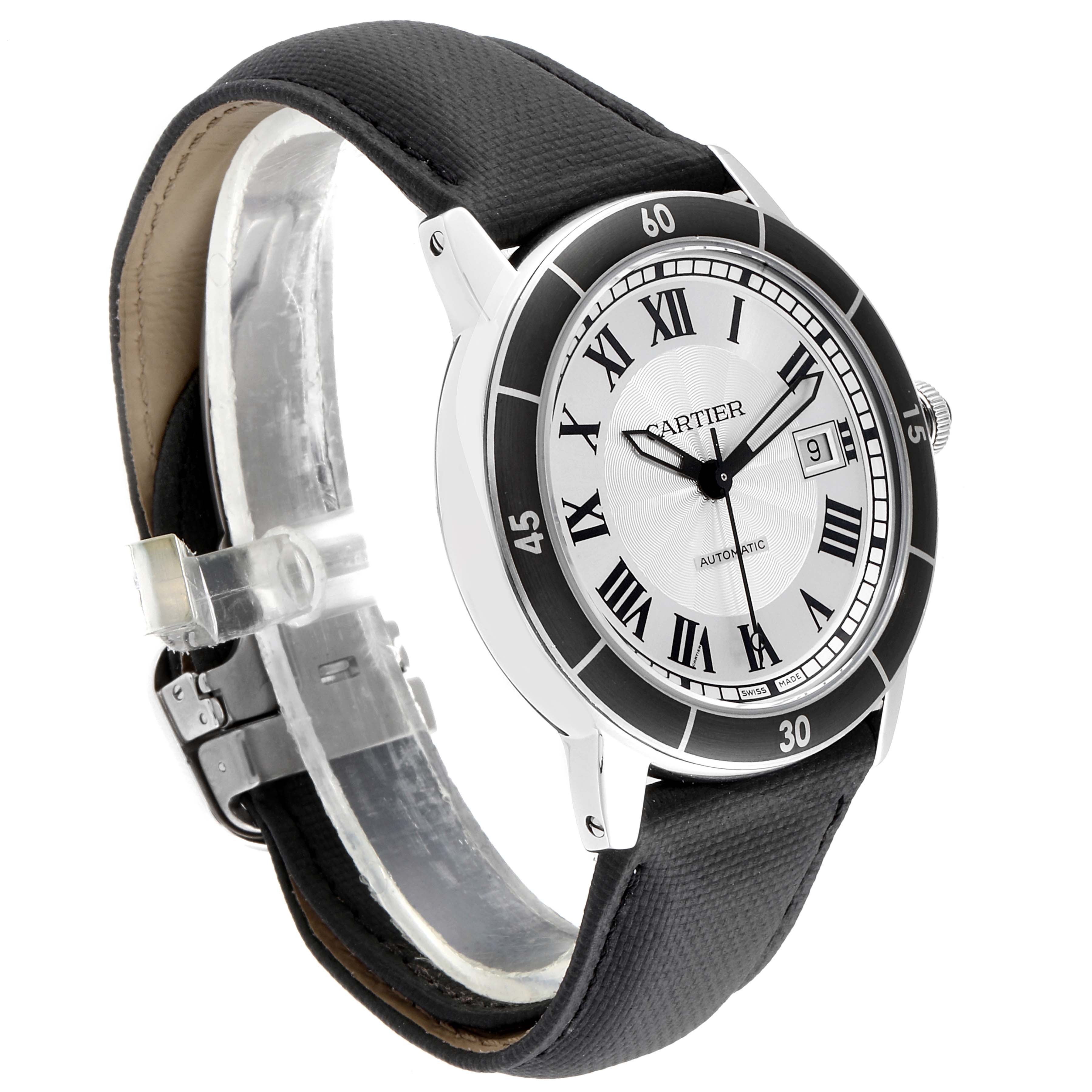 This image shows a Cartier Cle WSRN0002 Men's Stainless Steel Silver Dial WSRN0002 Men's Stainless Steel Silver Dial watch at a side angle, highlighting its face, bezel, and black strap.
