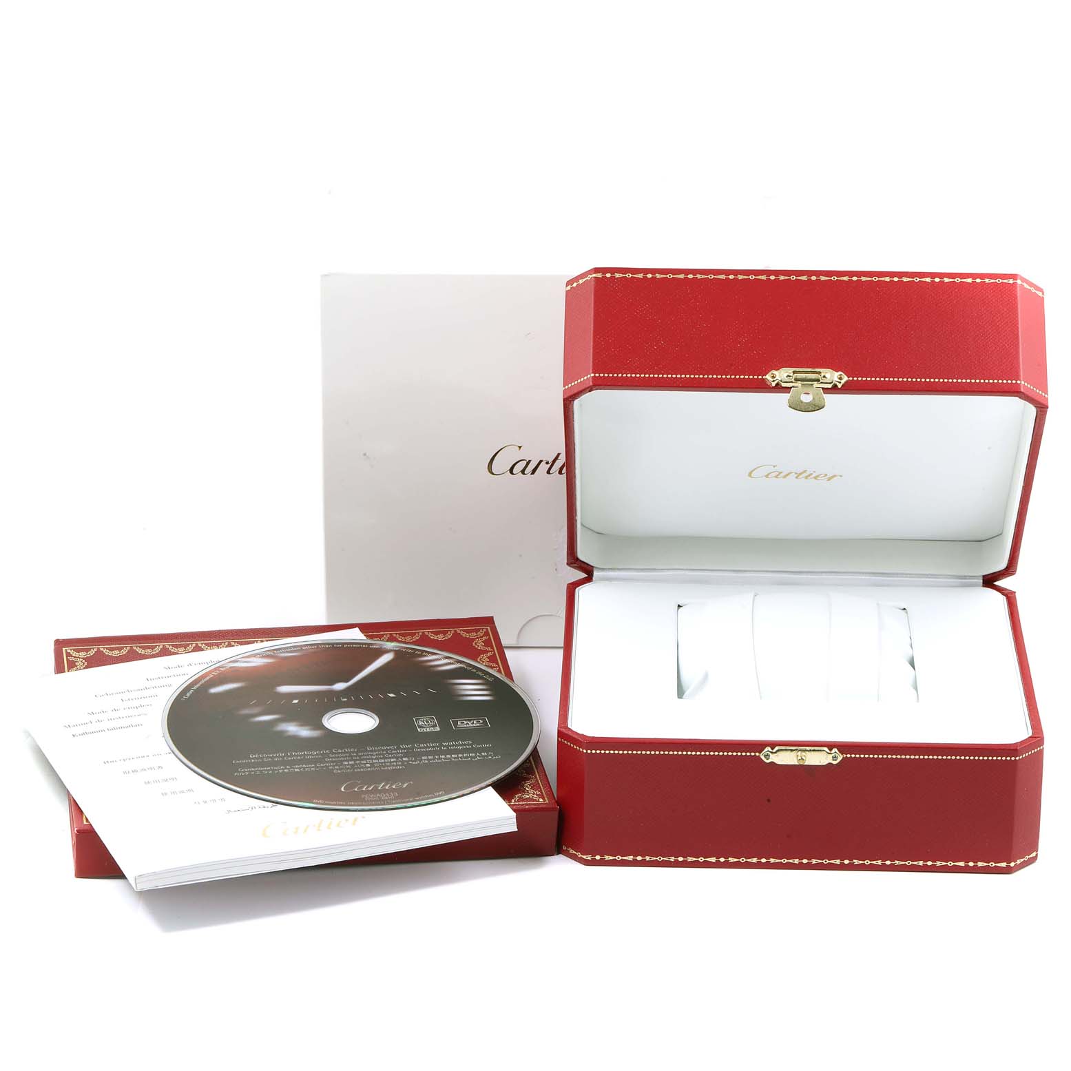 The image shows a Cartier Cle WSRN0002 Men's Stainless Steel Silver Dial WSRN0002 Men's Stainless Steel Silver Dial watch box, booklet, CD, and white inner cushion from a front angle.