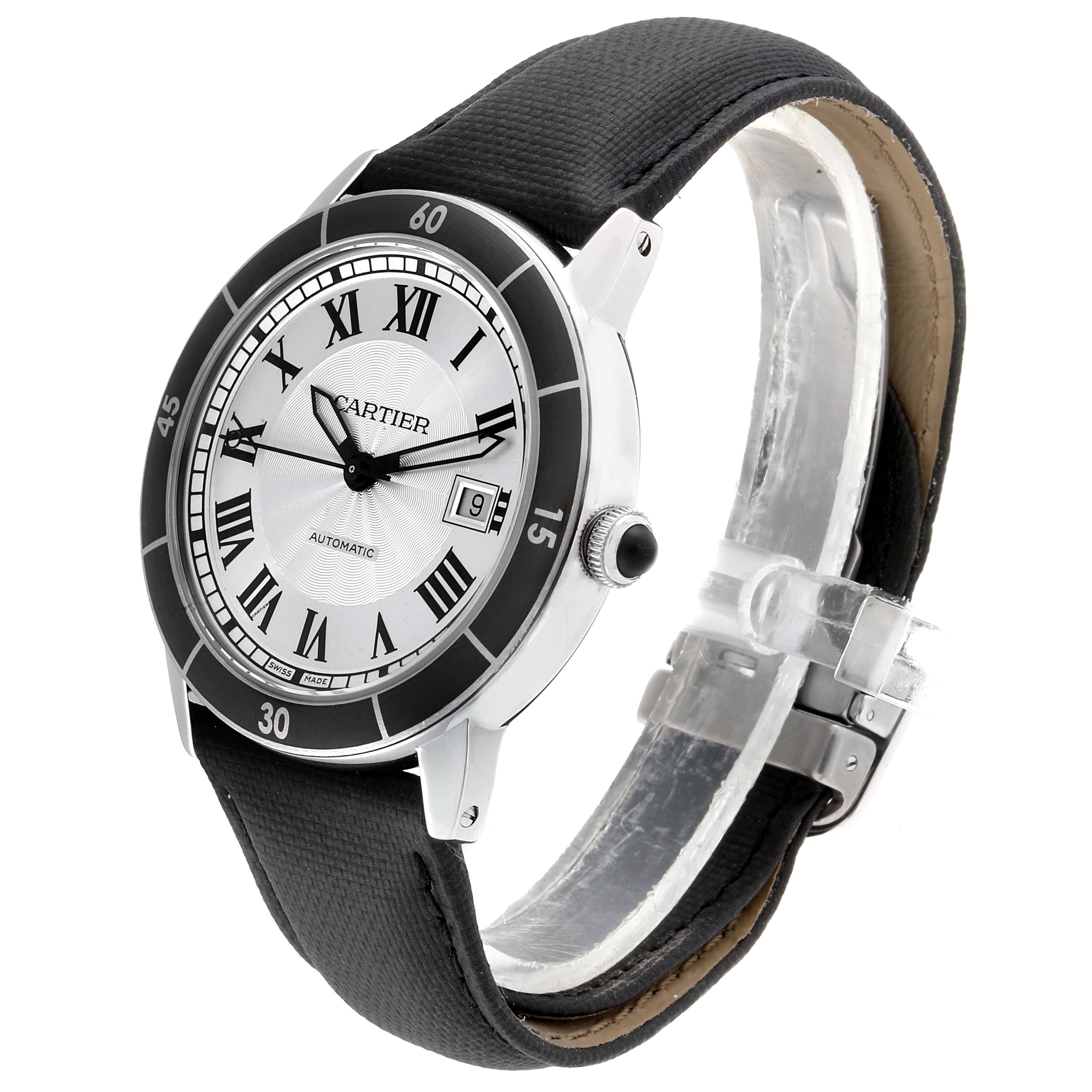 The Cartier Cle WSRN0002 Men's Stainless Steel Silver Dial WSRN0002 Men's Stainless Steel Silver Dial watch is shown at a three-quarter angle, displaying its face, strap, case, and bezel.