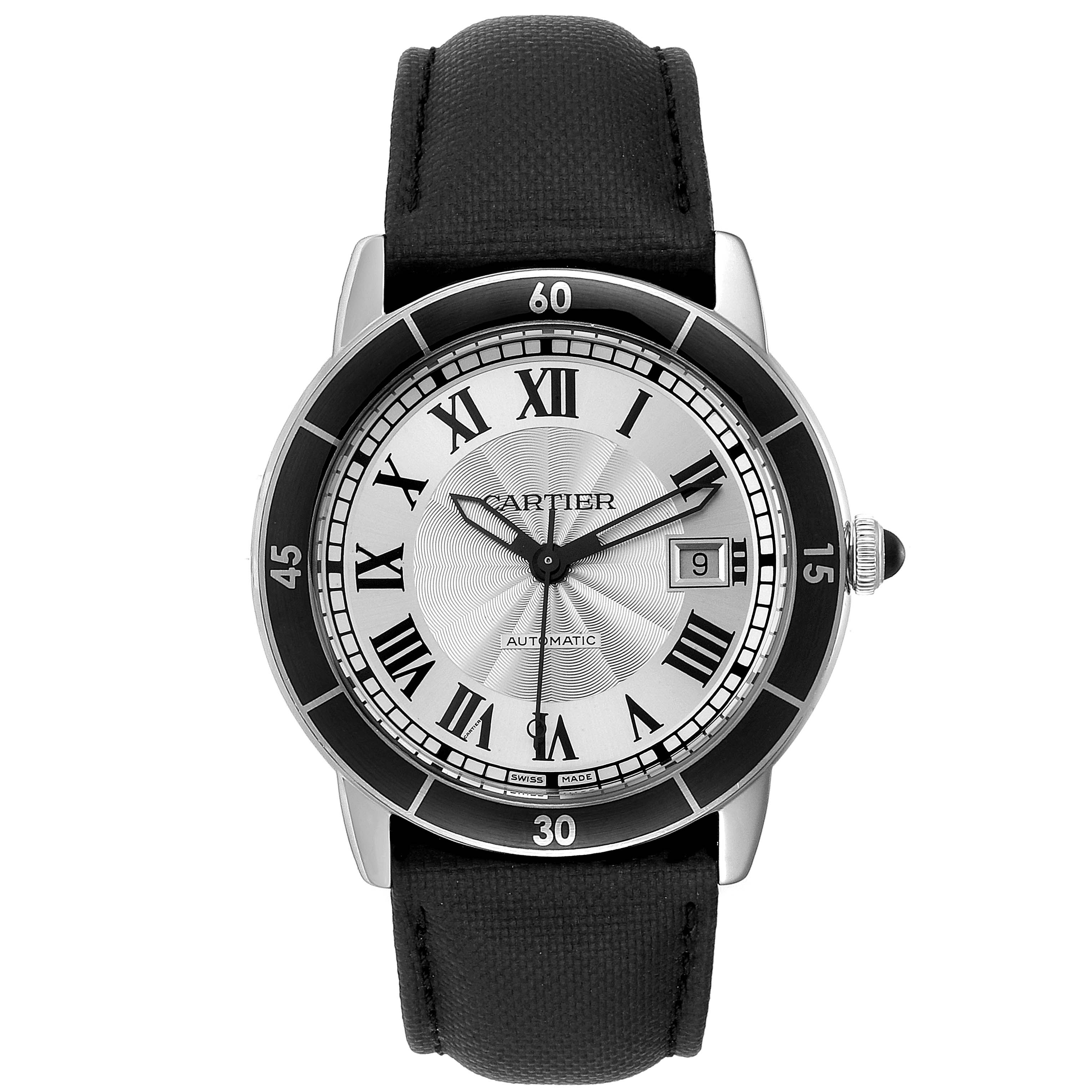 This image shows the front view of a Cartier Cle WSRN0002 Men's Stainless Steel Silver Dial WSRN0002 Men's Stainless Steel Silver Dial watch, highlighting the face, bezel, and strap.