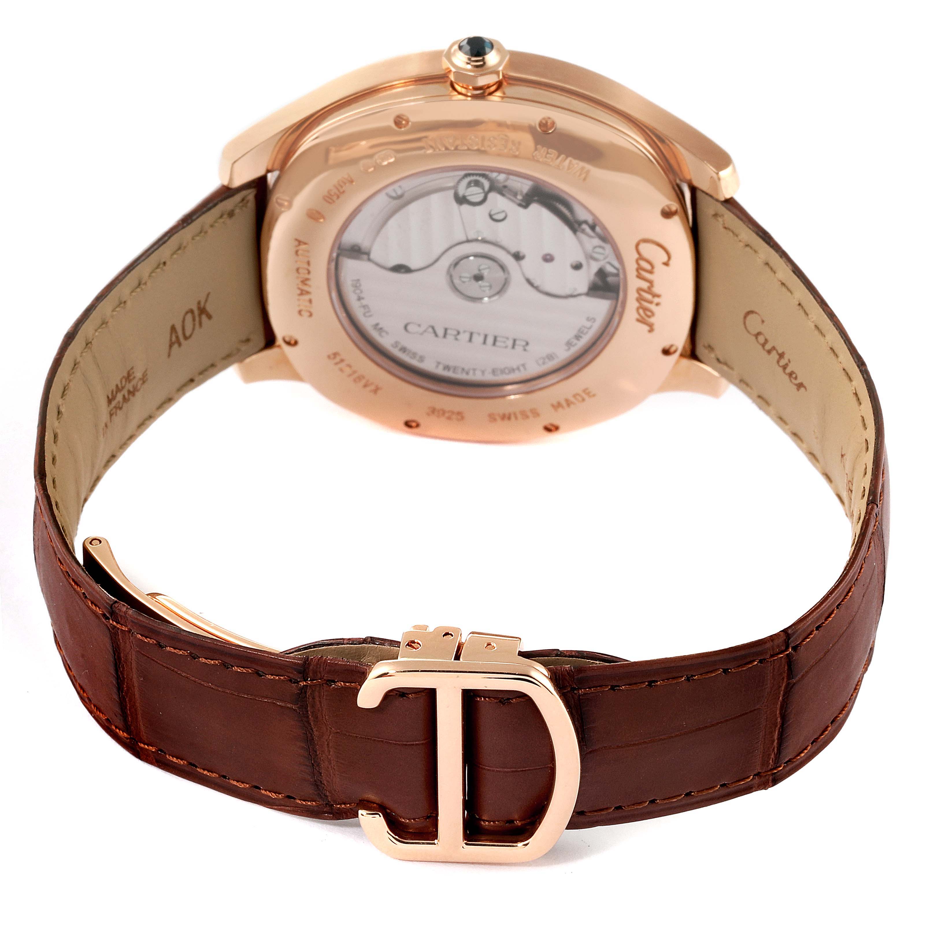 The image shows the back of the Cartier Drive de Cartier WGNM0005 Men's Rose Gold Silver Dial WGNM0005 Men's Rose Gold Silver Dial watch, highlighting the movement and brown leather strap with a "D" buckle.