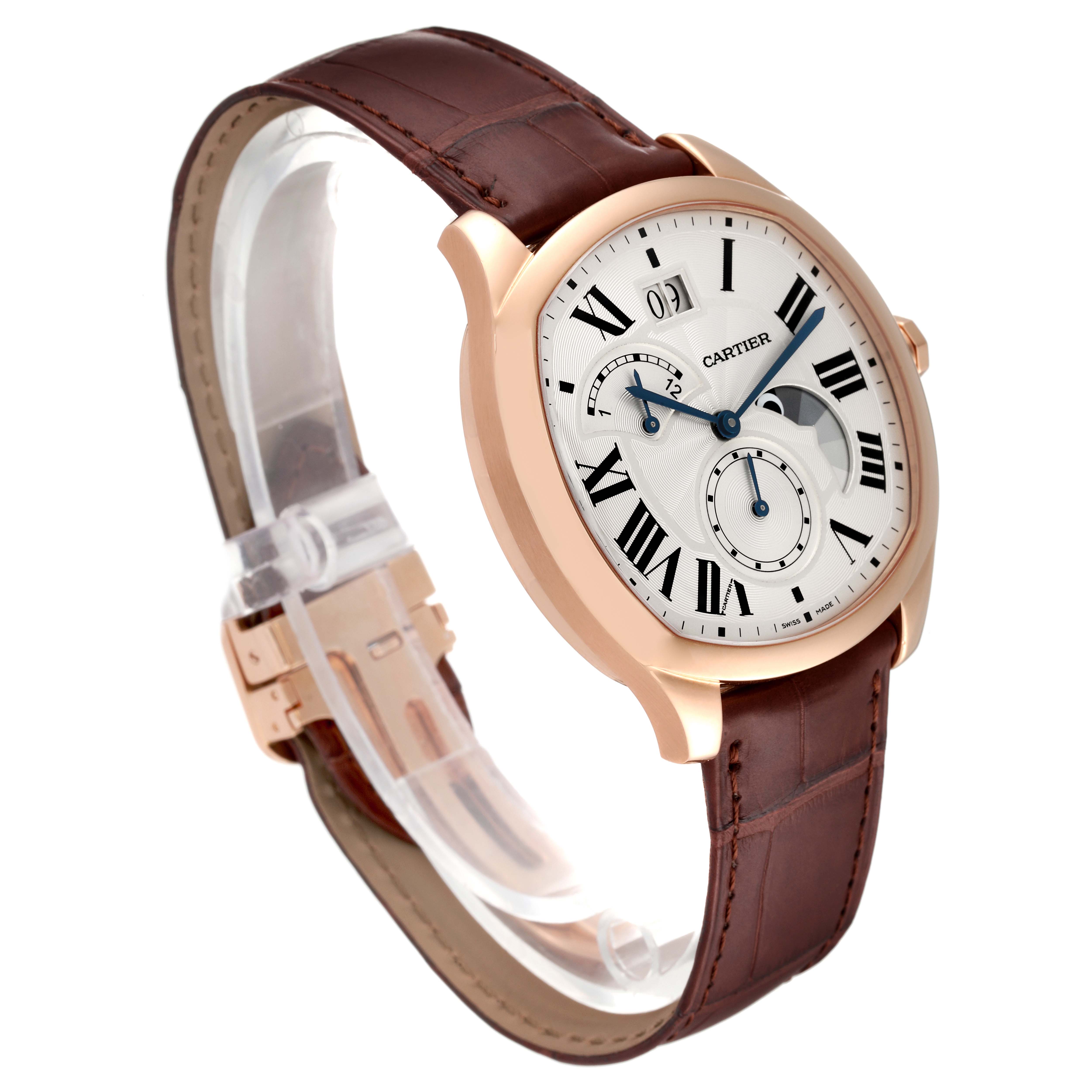 The Drive de Cartier watch by Cartier is shown at a three-quarter angle, highlighting the face, case, and leather strap.