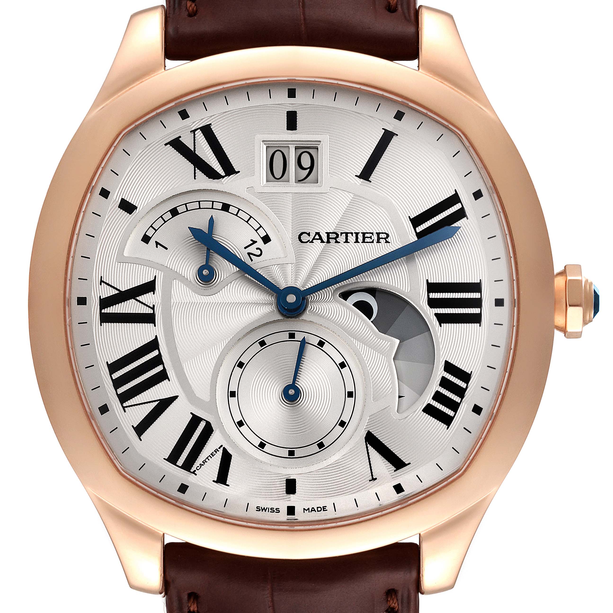 This image shows a front view of the Drive de Cartier watch by Cartier, highlighting the dial, hands, and date display.