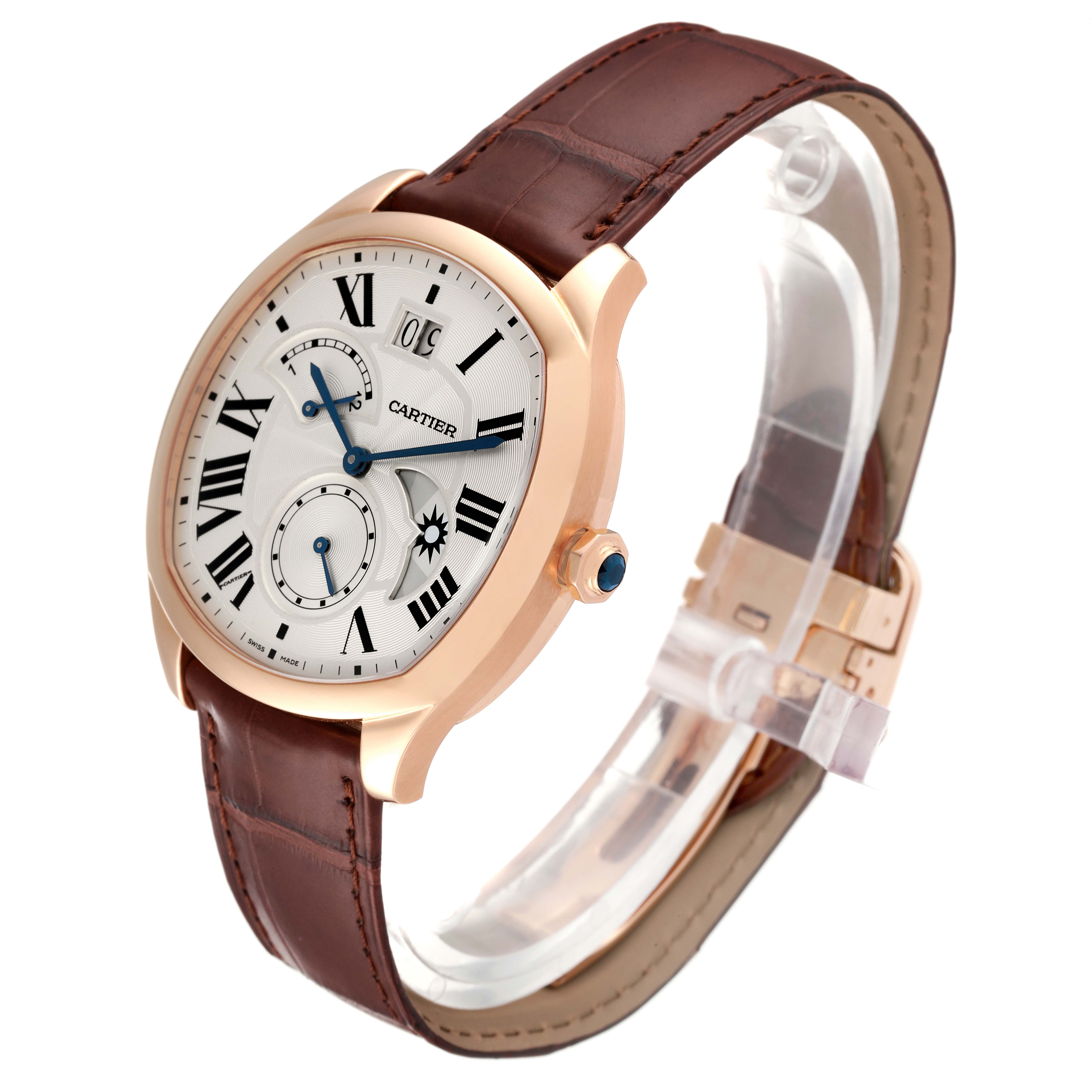 The Drive de Cartier watch by Cartier is shown at a three-quarter angle, highlighting the dial, case, and leather strap.