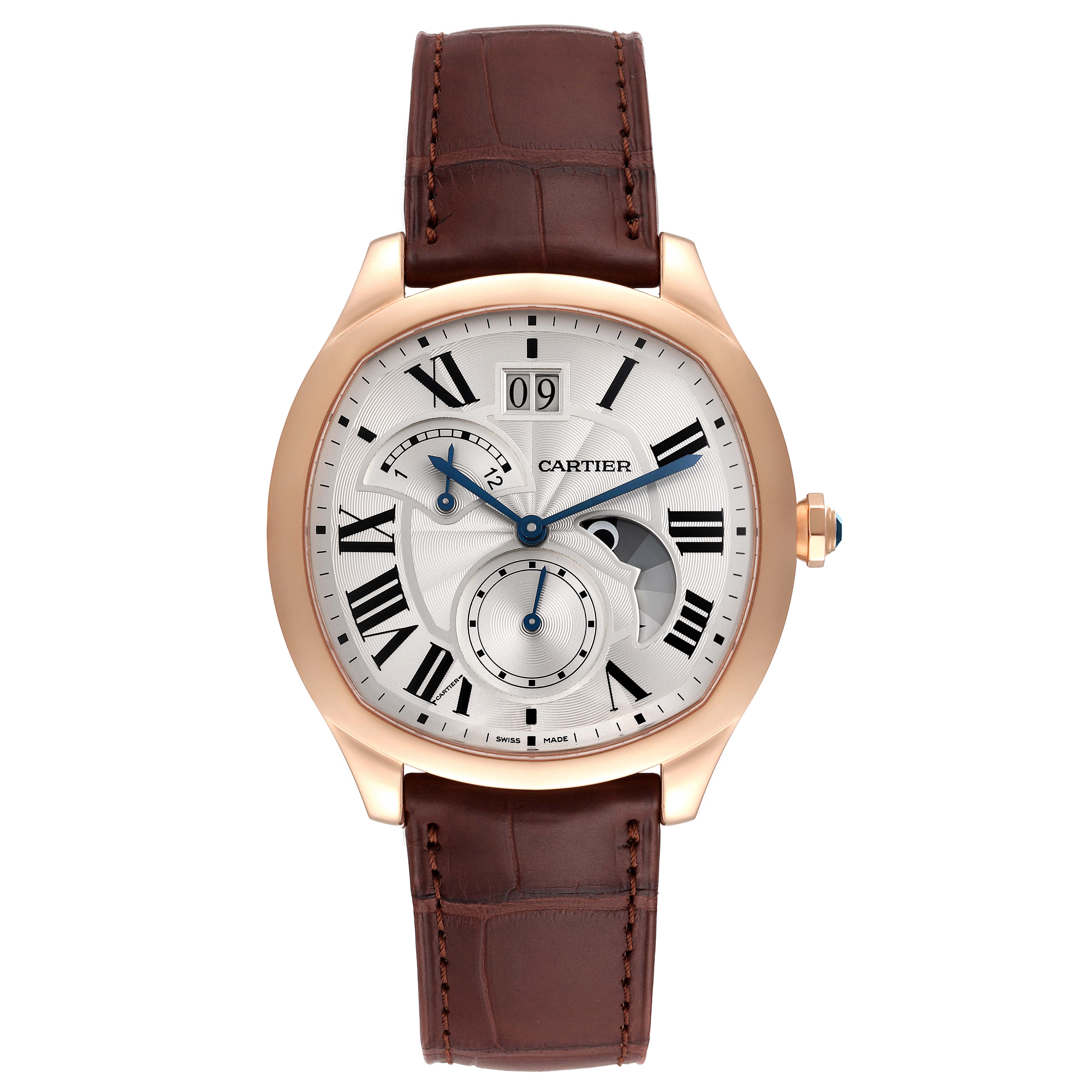 This is a front angle view of the Drive de Cartier watch by Cartier, showcasing its dial, case, and leather strap.