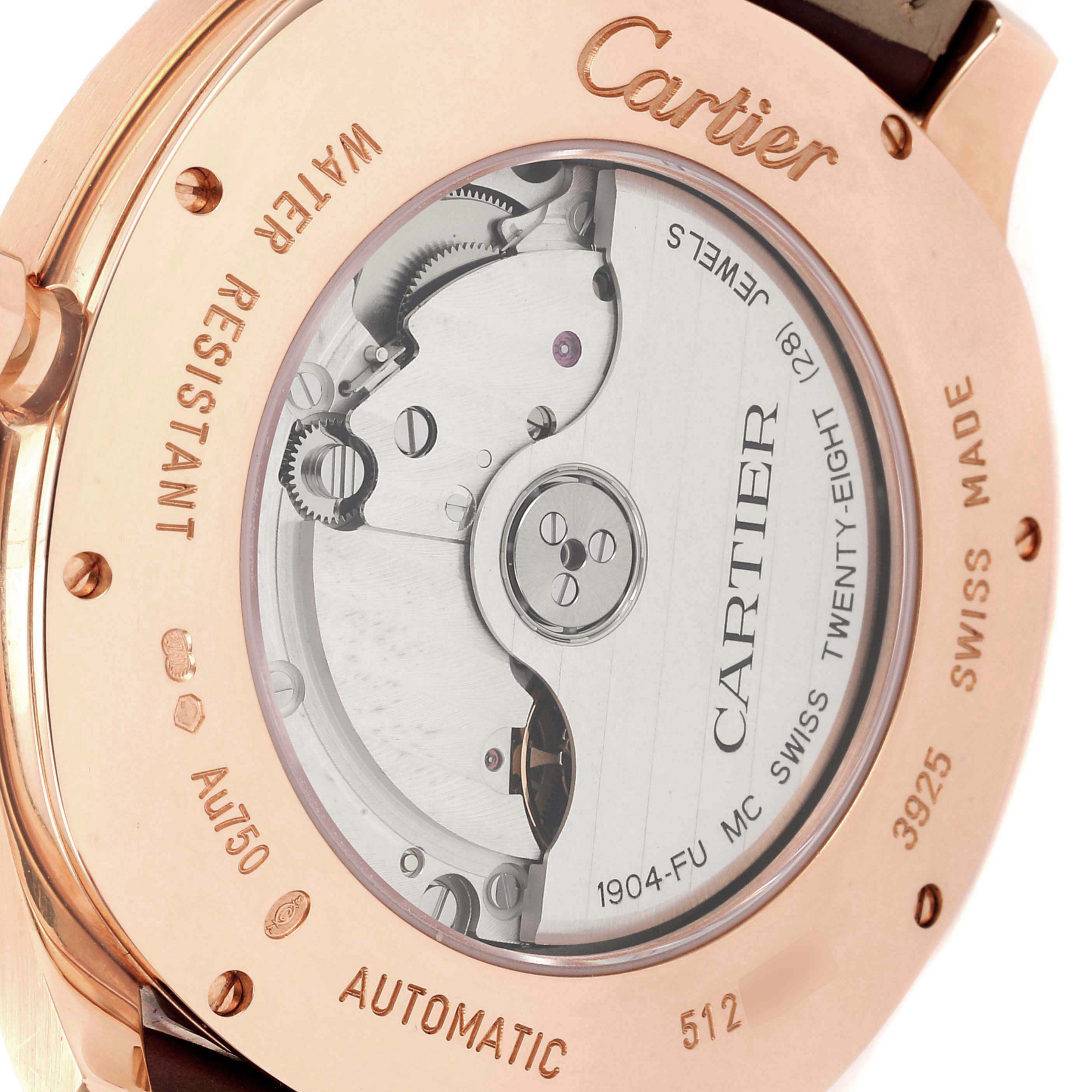 The image shows the back view of the Drive de Cartier watch by Cartier, revealing the watch movement and case details.