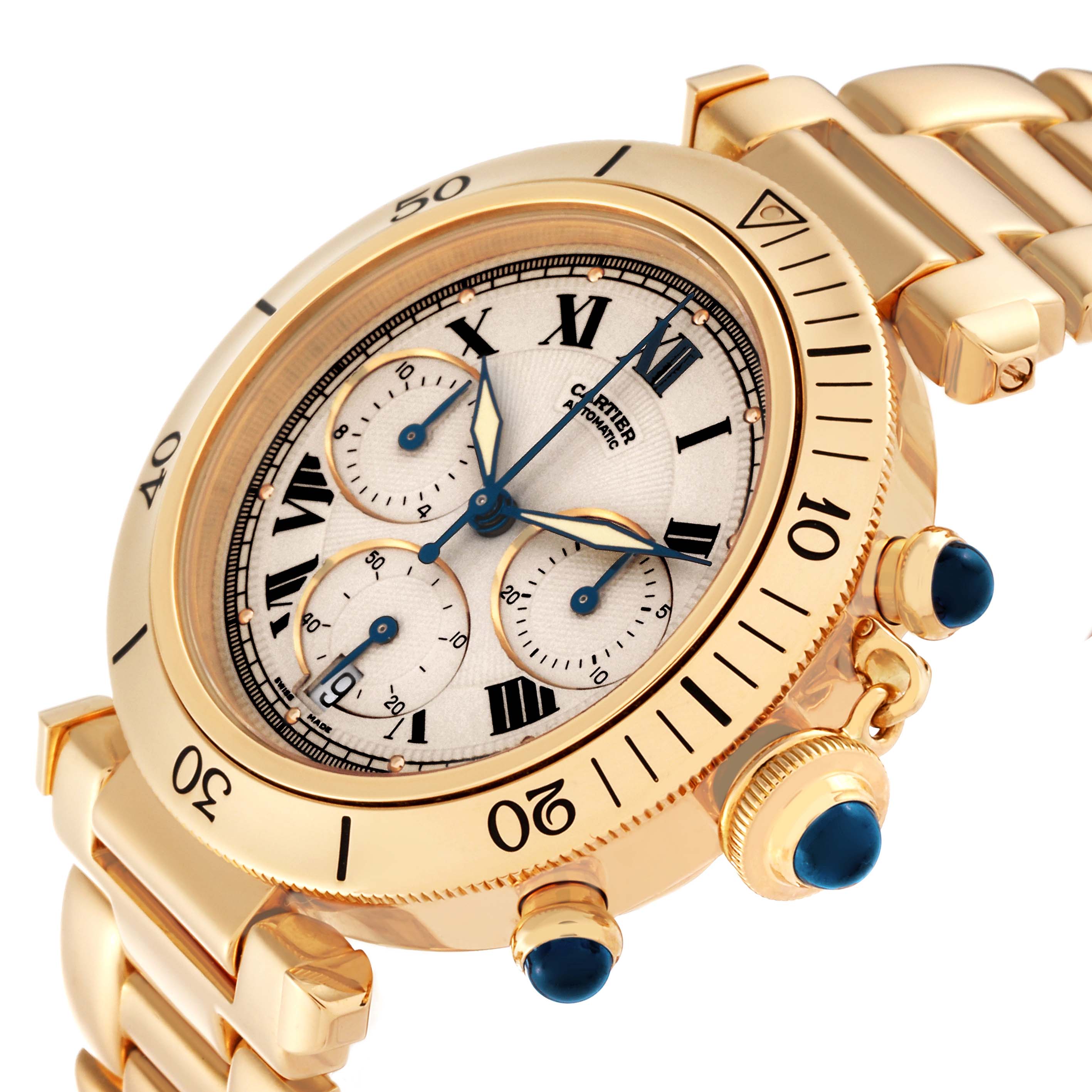 The image shows a Cartier Pasha W524428 Men
s Yellow Gold Silver Dial W524428 Men
s Yellow Gold Silver Dial watch at a slight angle, highlighting the face, bezel, crown, and part of the bracelet.