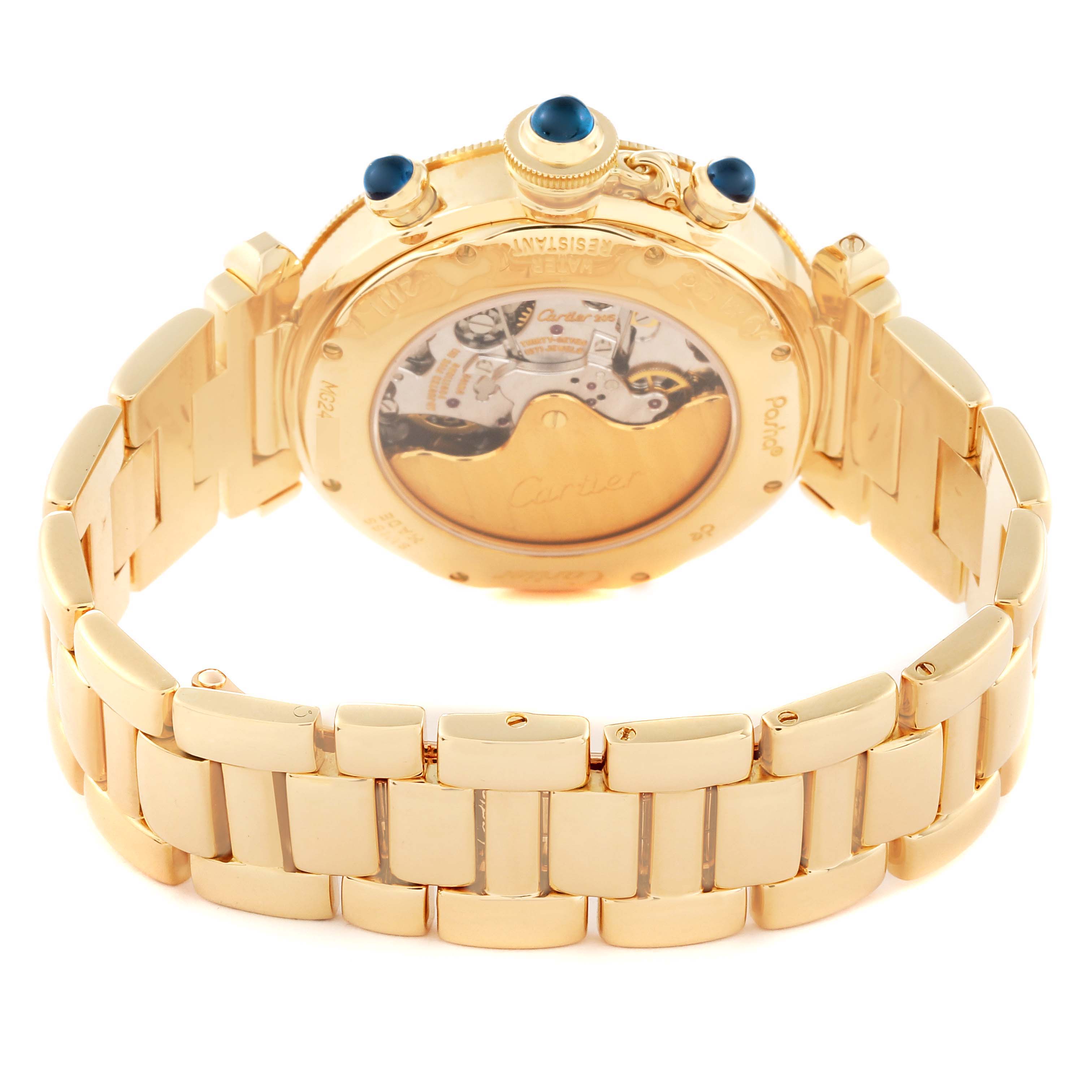 This image shows the back and bracelet of a Cartier Pasha W524428 Men
s Yellow Gold Silver Dial W524428 Men
s Yellow Gold Silver Dial watch, highlighting the case back and part of the movement.