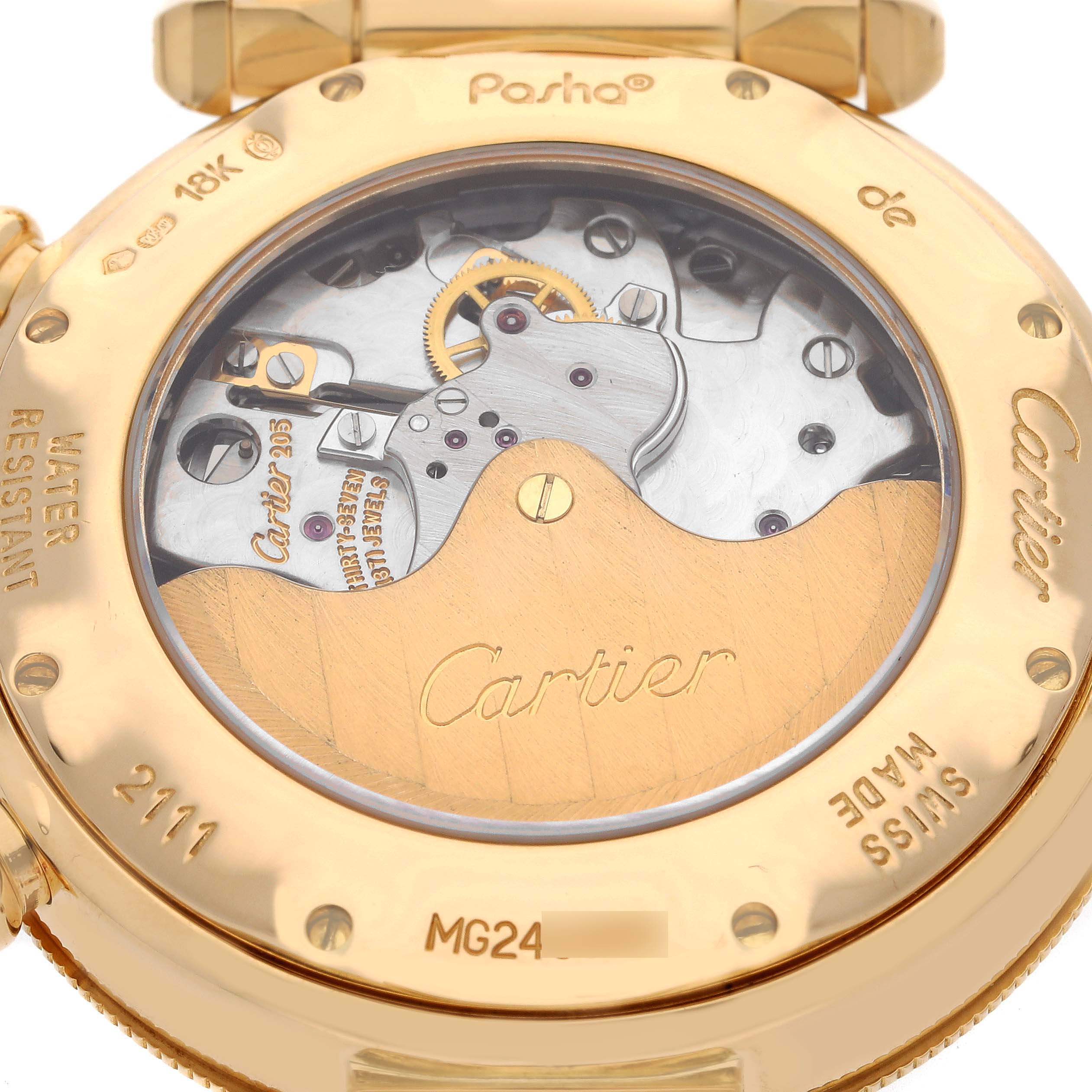 This image shows the back of a Cartier Pasha W524428 Men
s Yellow Gold Silver Dial W524428 Men
s Yellow Gold Silver Dial watch, highlighting the mechanical movement and engraved details.