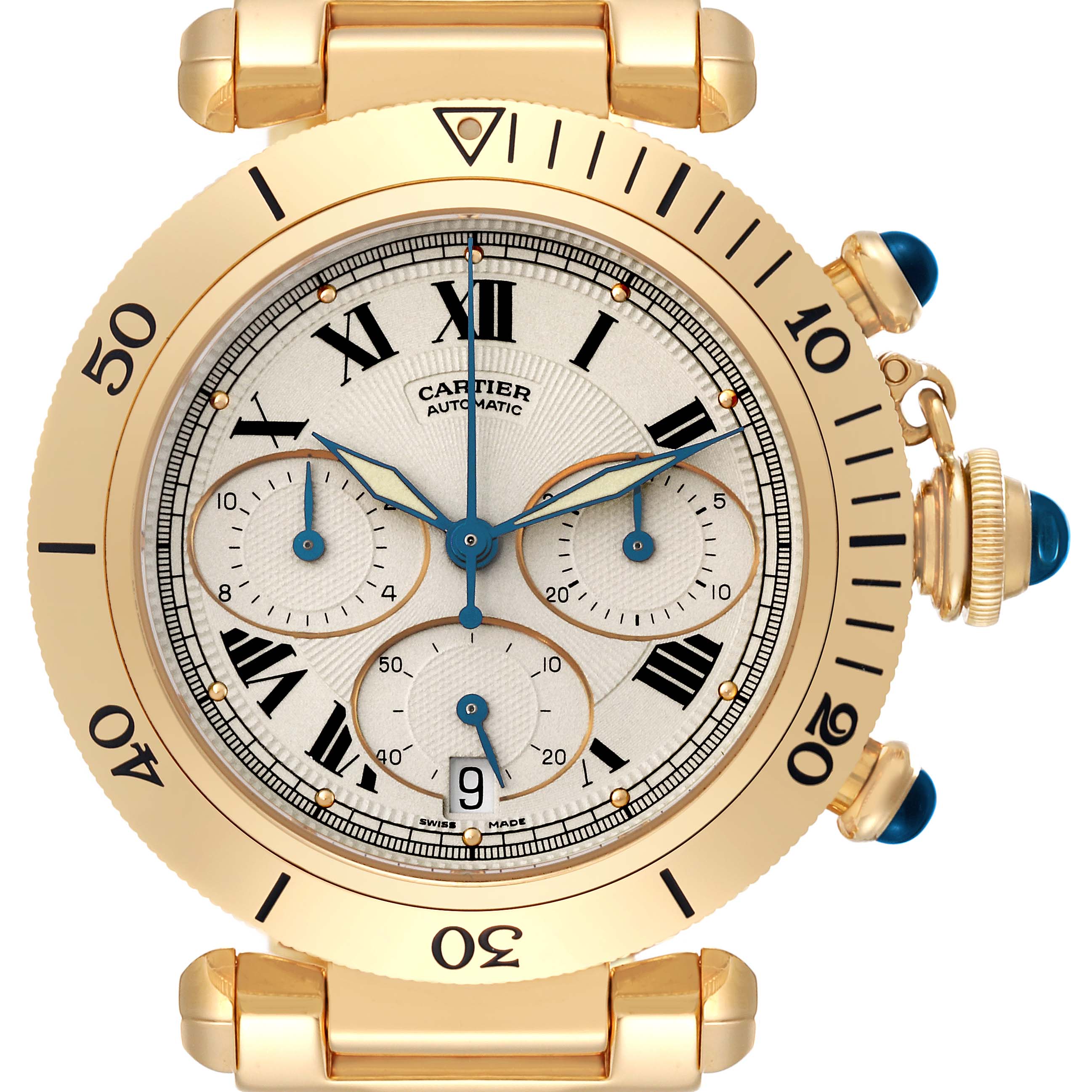 This image shows a front view of a Cartier Pasha W524428 Men
s Yellow Gold Silver Dial W524428 Men
s Yellow Gold Silver Dial model watch, highlighting the dial and outer case.