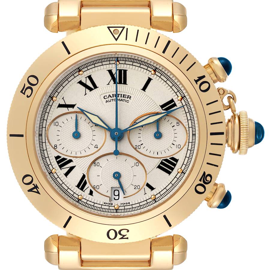Cartier Pasha 38 Chronograph Yellow Gold Silver Dial Mens Watch W524428 SwissWatchExpo